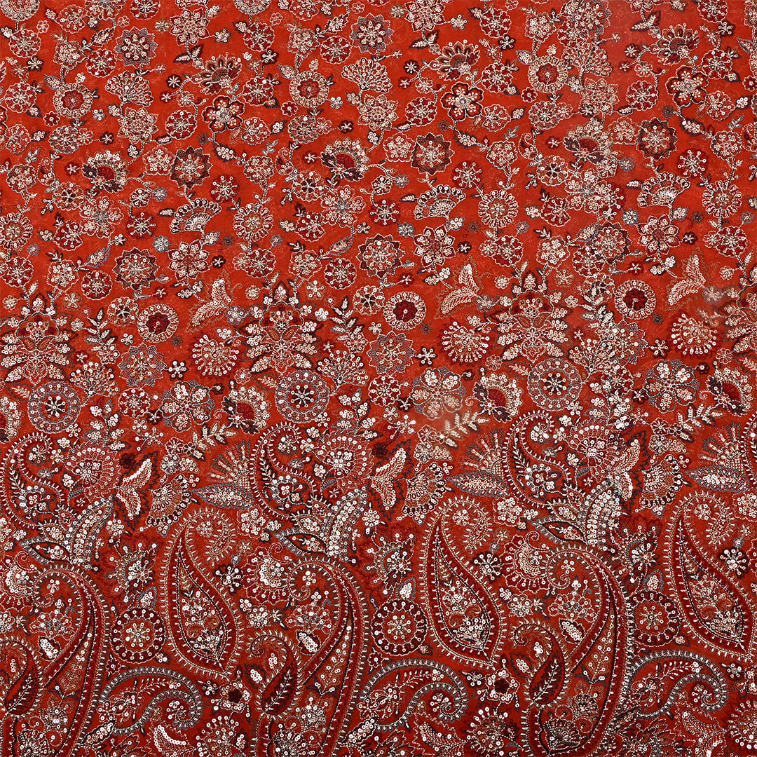 Timberbird Orange Georgette Embroidered Fabric