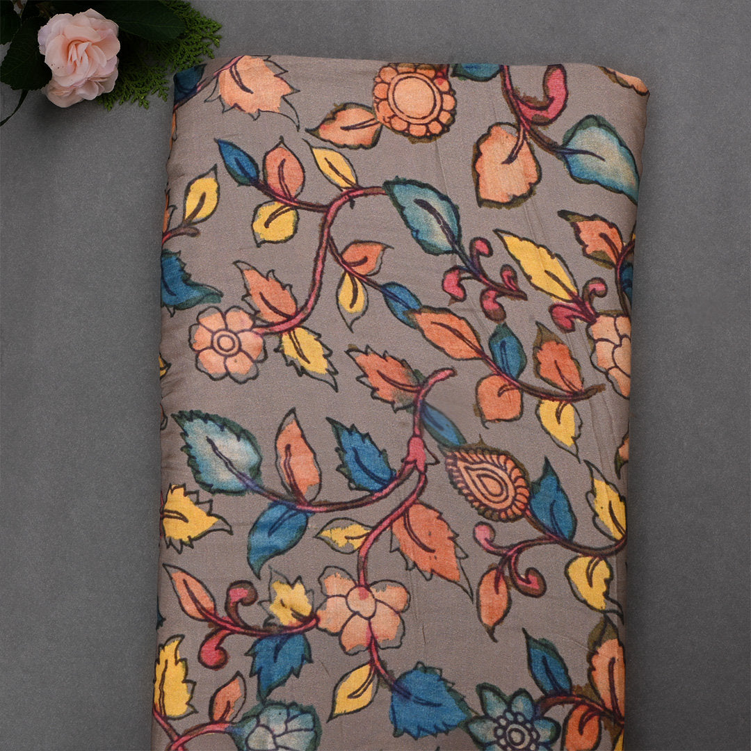 Cinereous Red Satin Fabric With Kalamkari Print