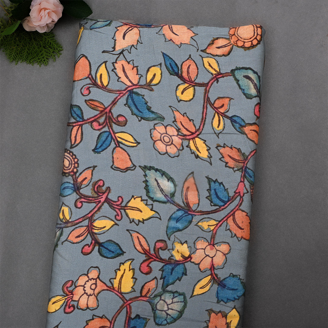 Steel Cyan Blue Satin Fabric With Kalamkari Print