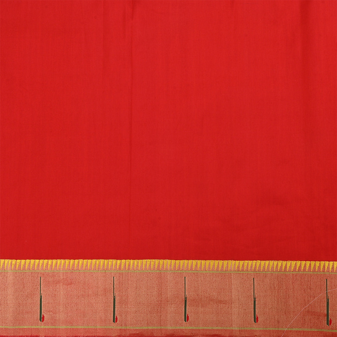 Fire Engine Red Solid Silk Fabric With Paithani Border