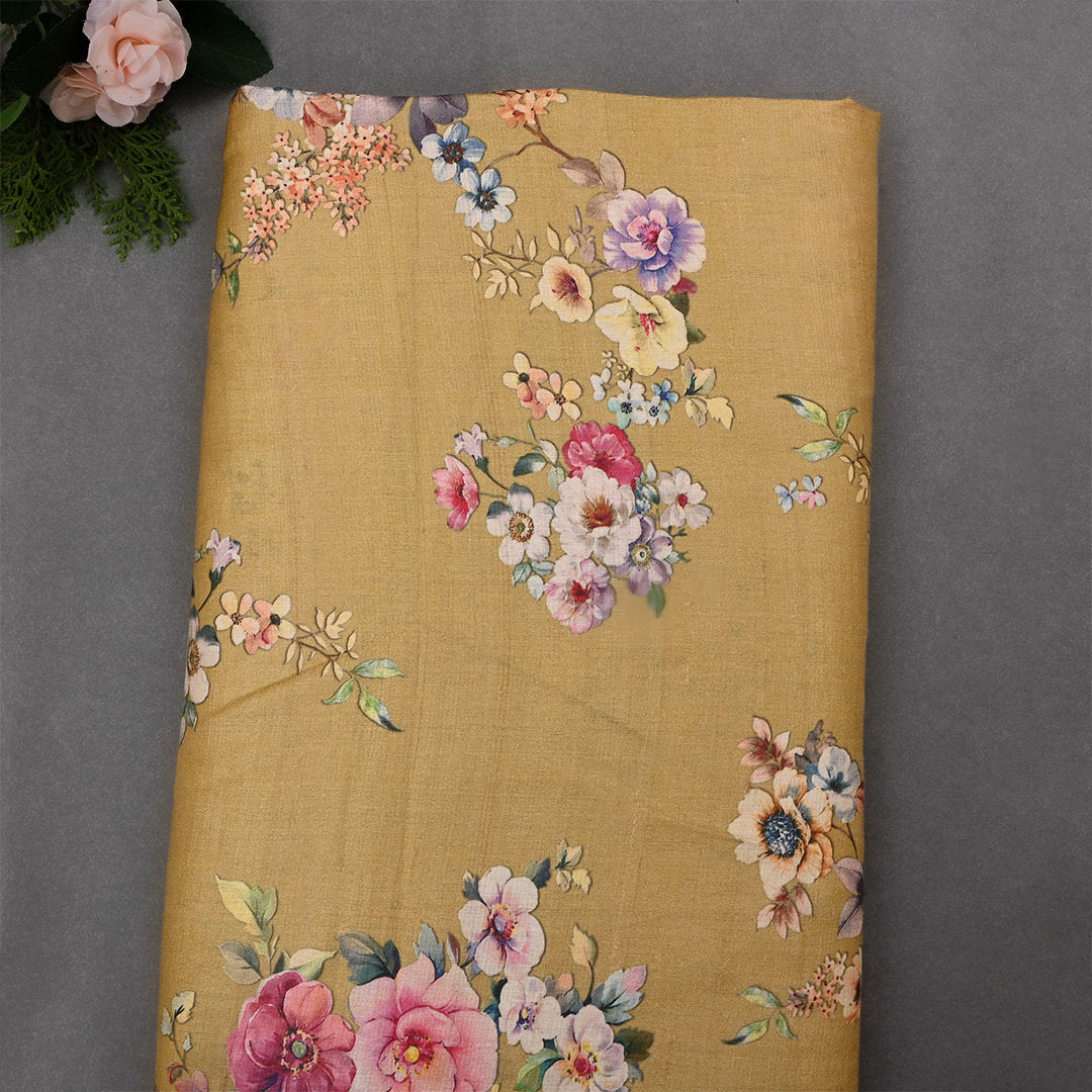 Muddy Waters Yellow Tussar Fabric With Floral Prints
