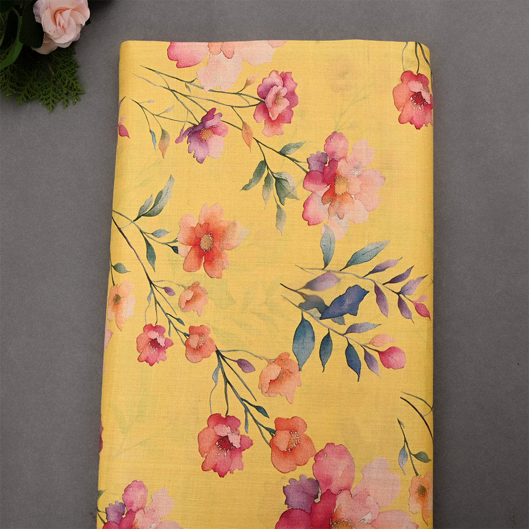 Apache Yellow Tussar Fabric With Floral Prints