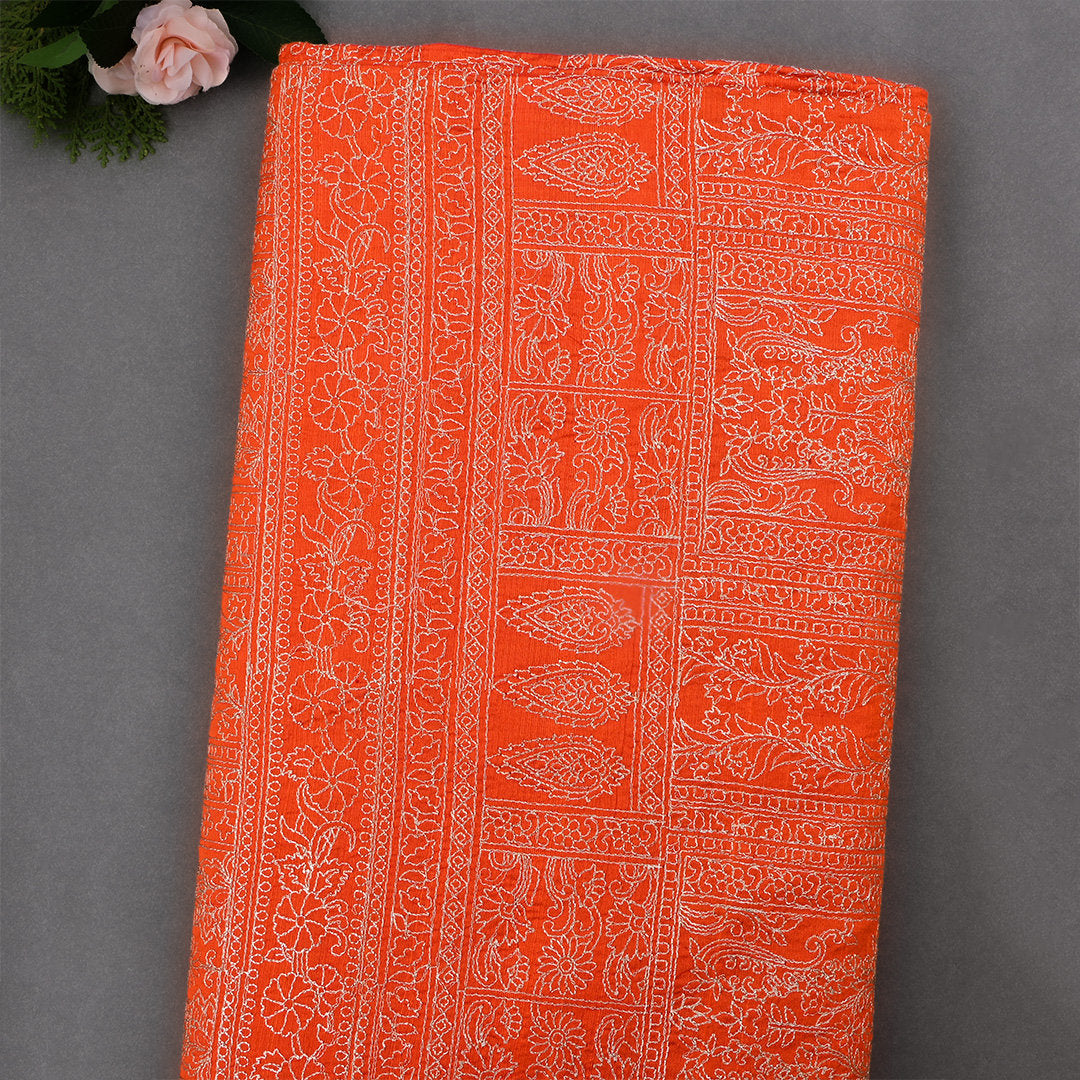 Carrot Orange Dupion Raw Silk Fabric With Thread Work