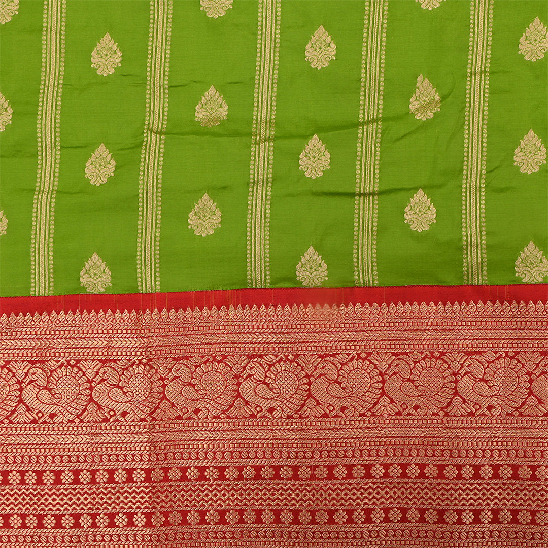 Sap Green Jamawar Silk Fabric With Contrast Border