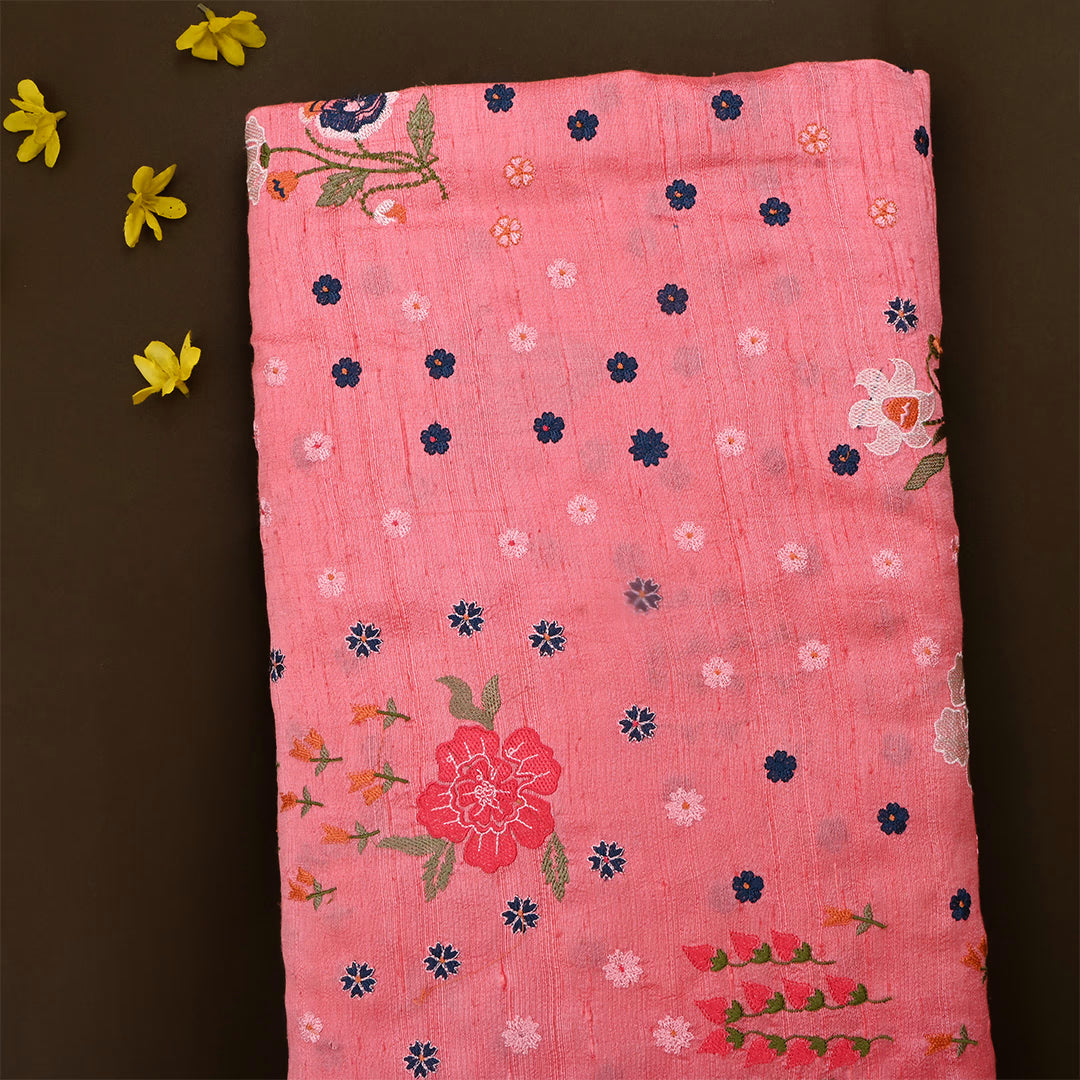 Indian Red Dupion Raw Silk Embroidered Fabric