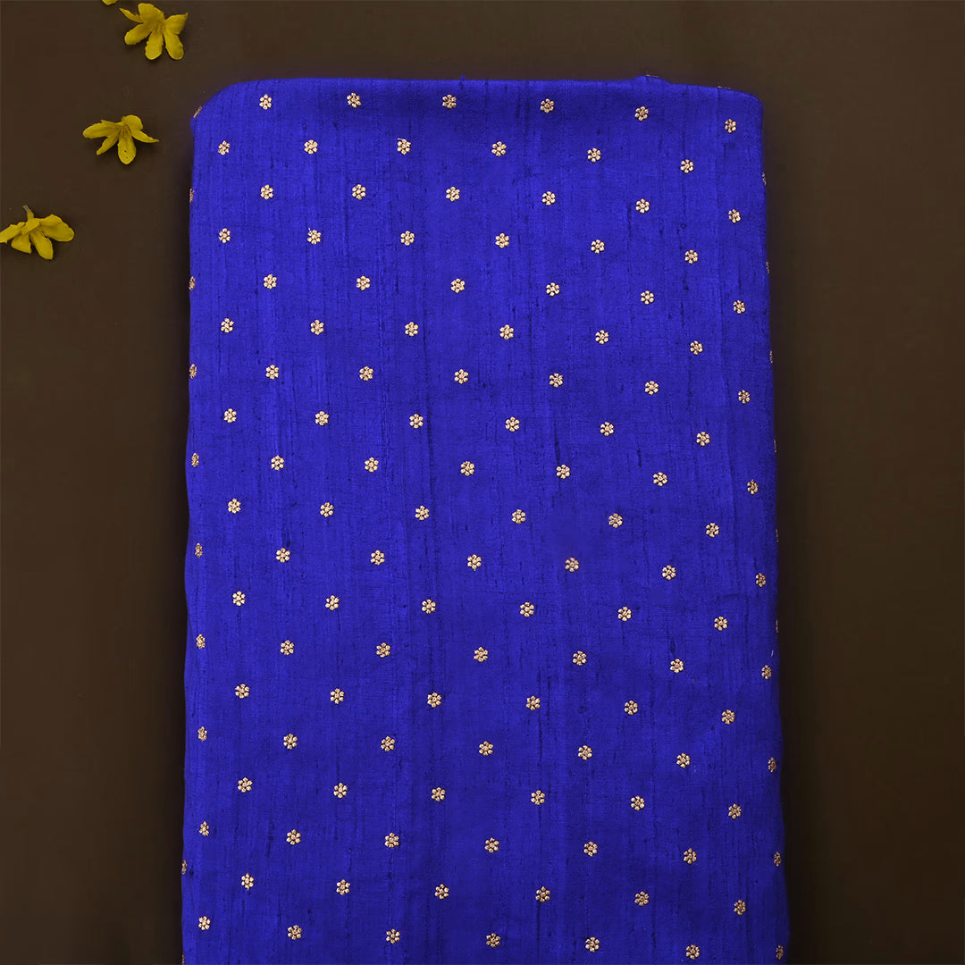 Denim Dark Blue Dupion Raw Silk Zari Embroidered Fabric