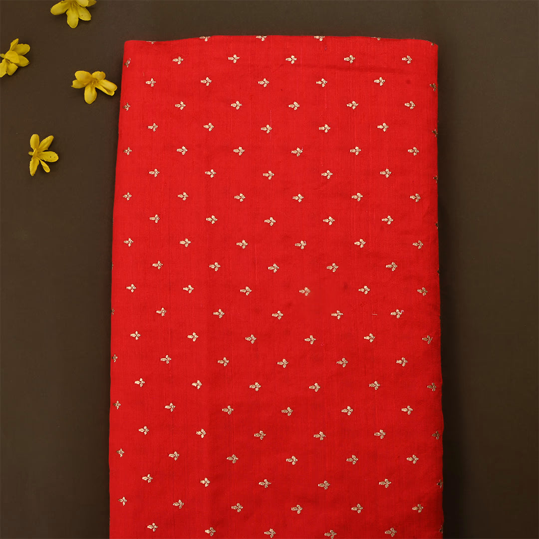 Venetian Red Dupion Rawsilk Zari Embroidered Buttis Fabric