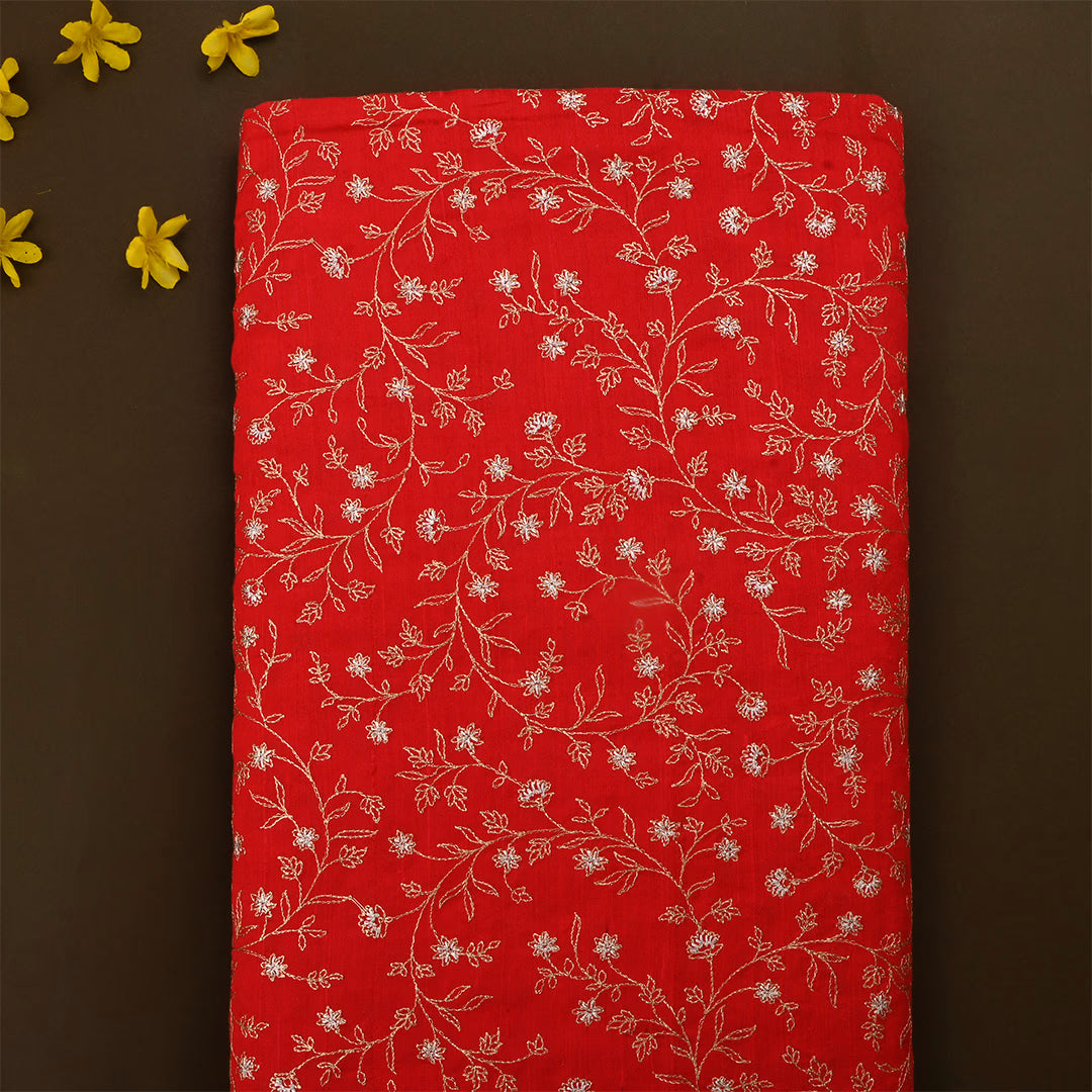 Burnt Orange Dupion Raw Silk Zari Embroidered Fabric