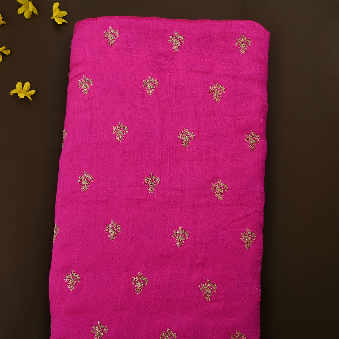 Purplish Red Dupion Raw Silk Zari Embroidered Fabric