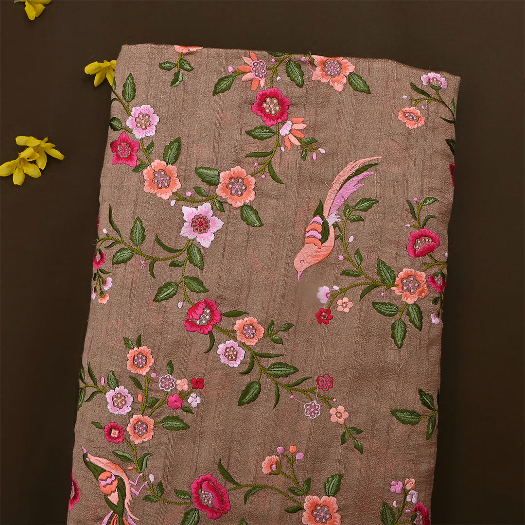 Brown Dupion Raw Silk Floral Embroidered Fabric