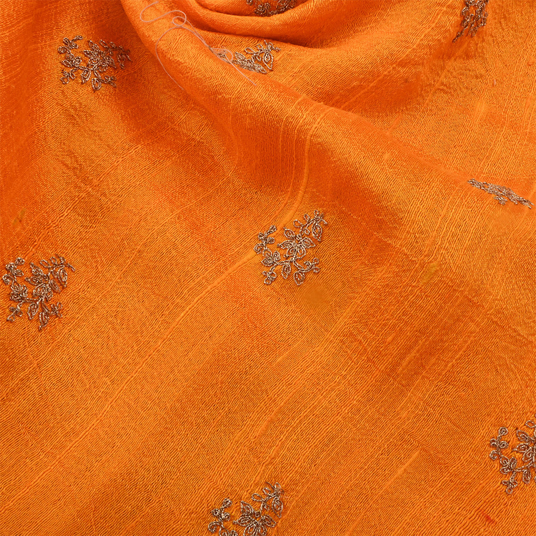 Coco Brown Orange Dupion Raw Silk Zari Embroidered Fabric