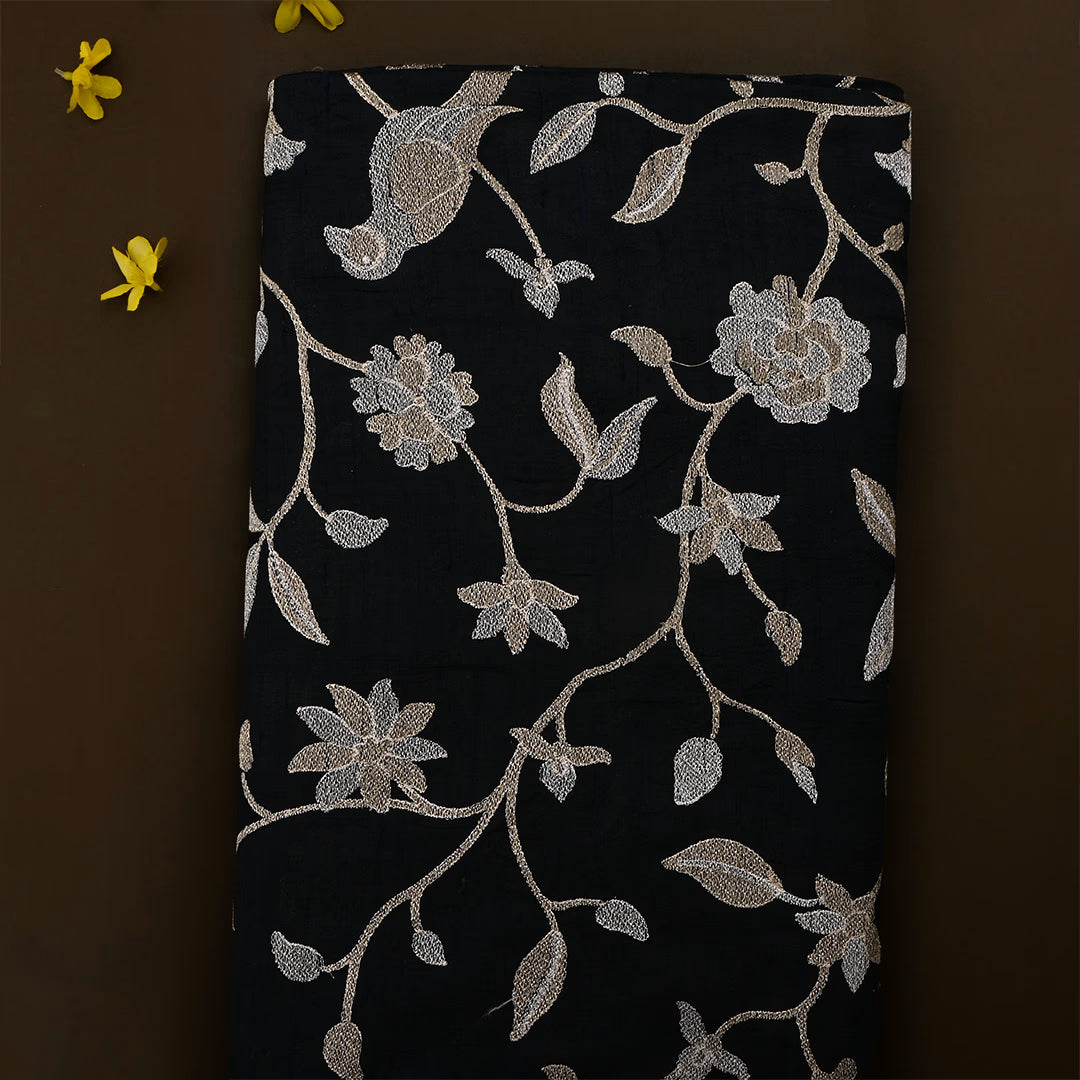 Black Dupion Raw Silk Embroidered Fabric