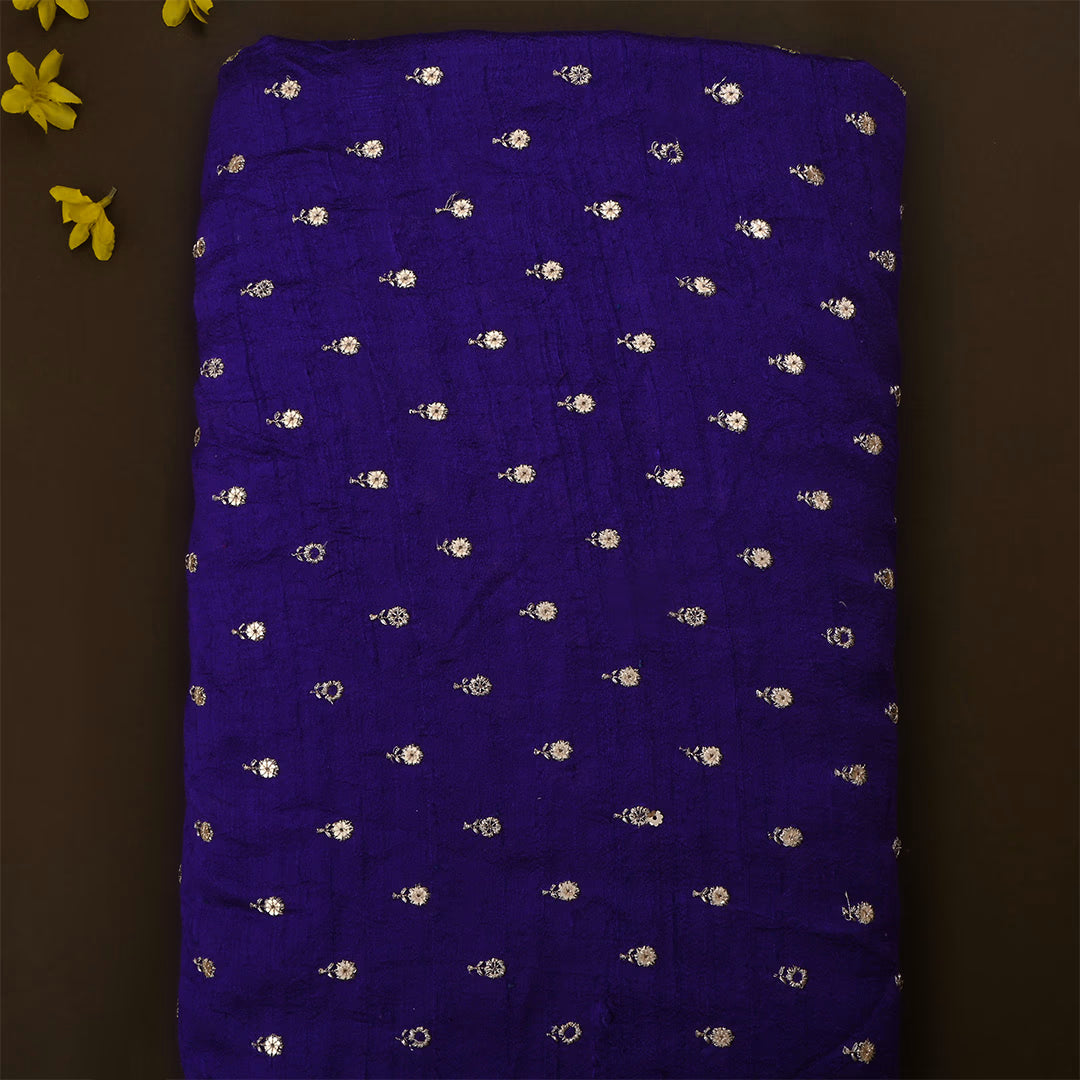 Dark Indigo Dupion Raw Silk Embroidered Fabric