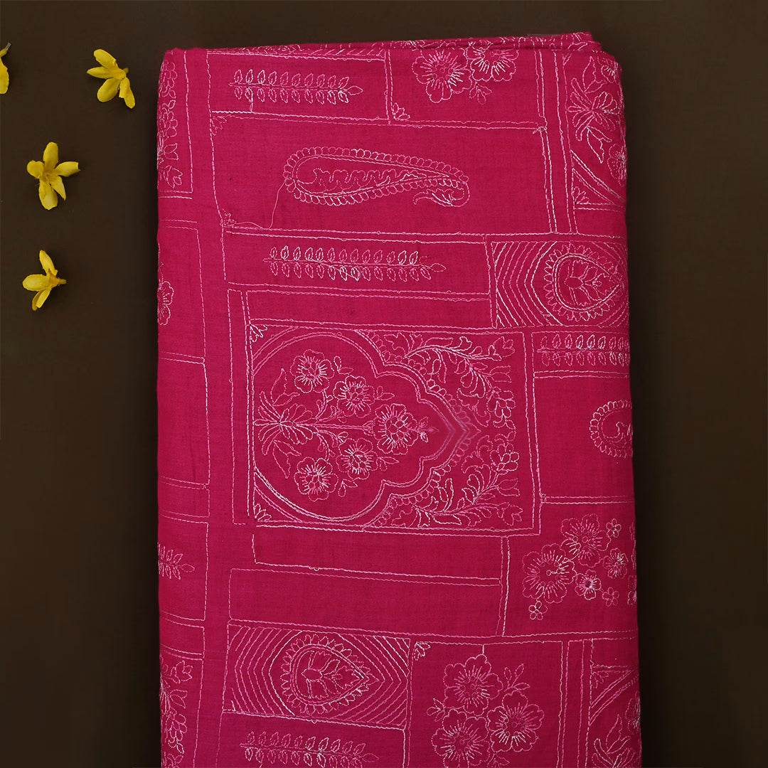 Paprika Pinkish Red Moonga Tussar Stitched Fabric