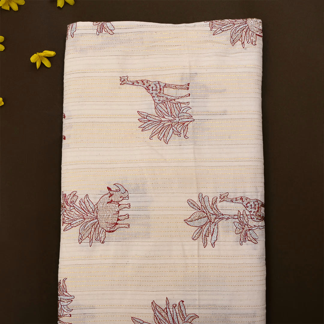 Vanilla Orange Cotton Embroidered Fabric With Animal Motifs