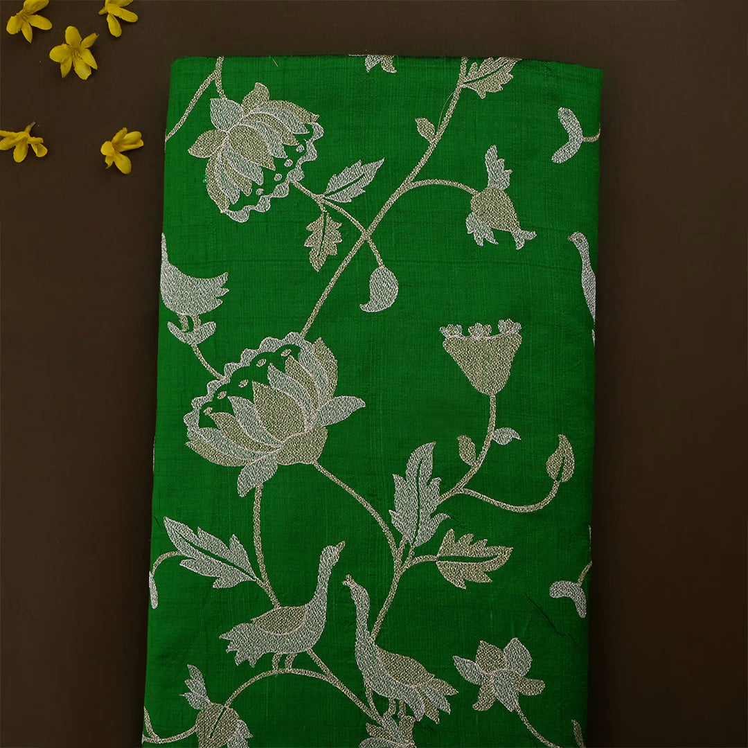 Deep Green Dupion Raw Silk Embroidered Fabric