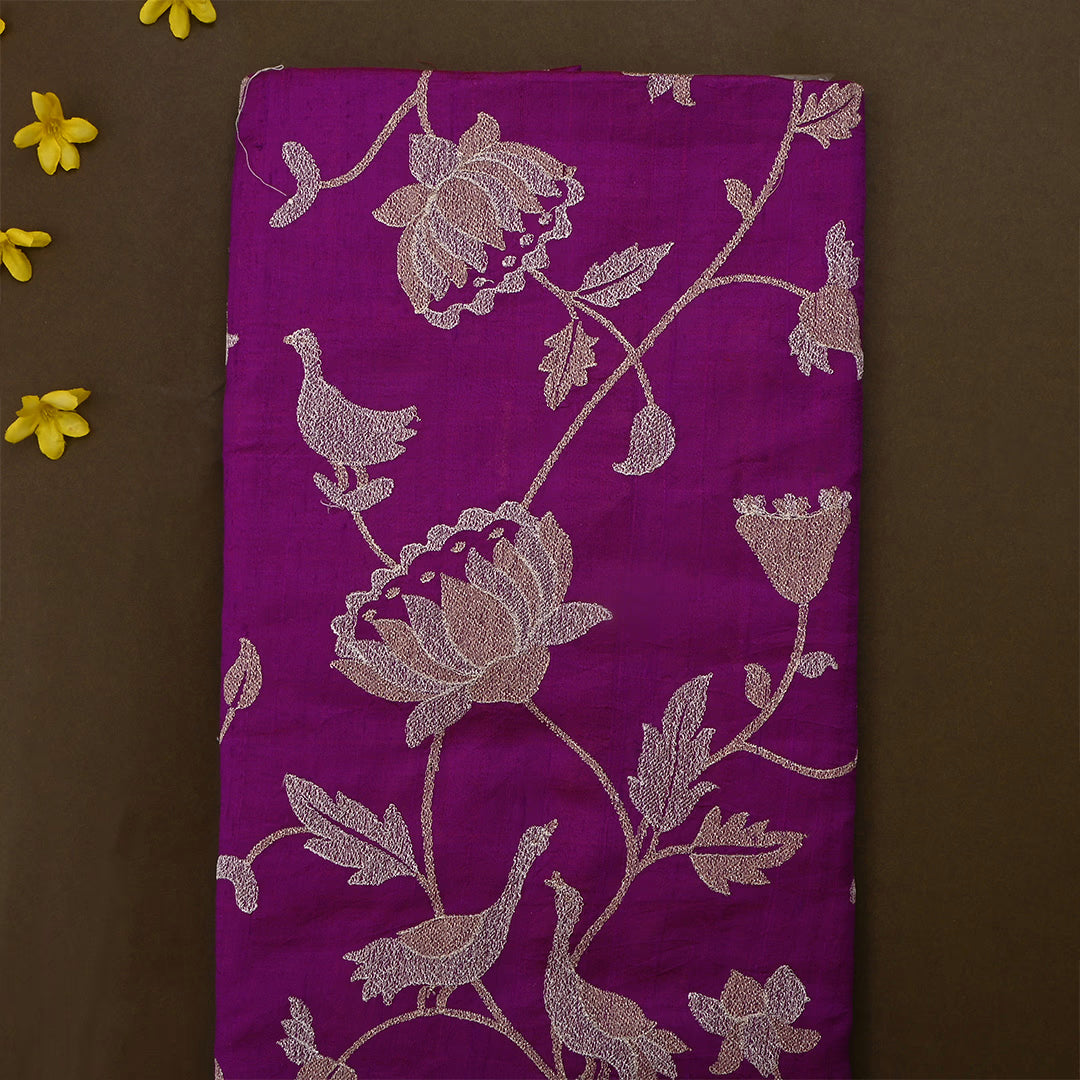 Grape Purple Dupion Raw Silk Embroidered Fabric