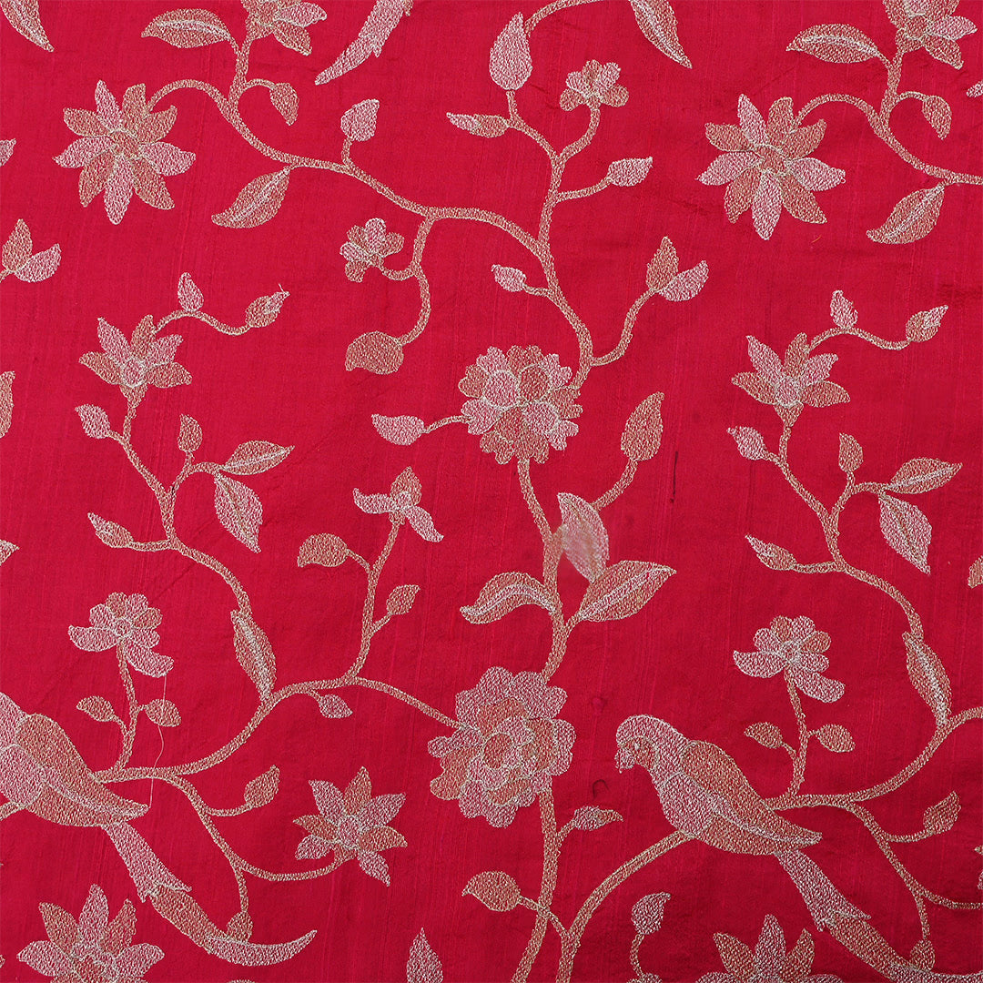 Cardinal Red Dupion Raw Silk Embroidered Fabric