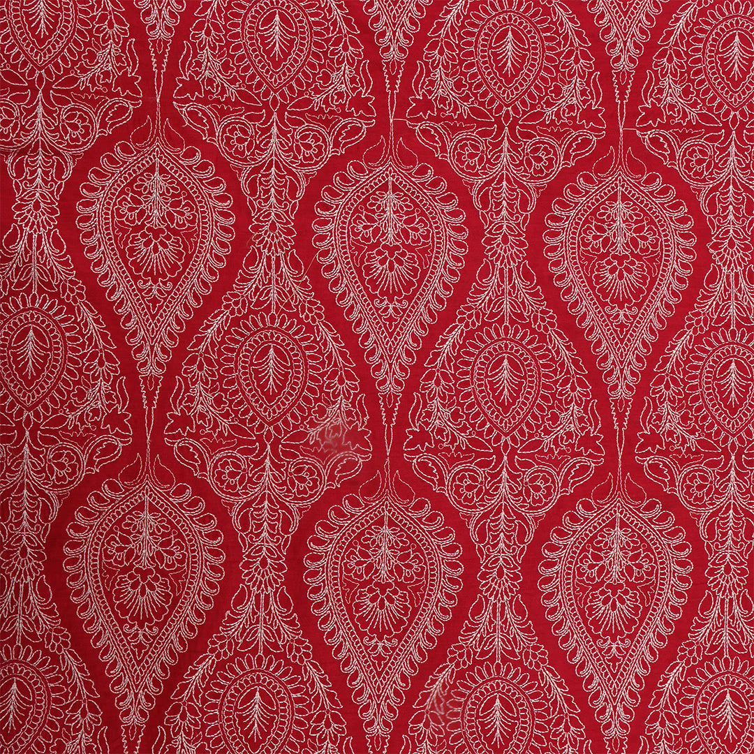 Red Moonga Tussar Embroidered Fabric