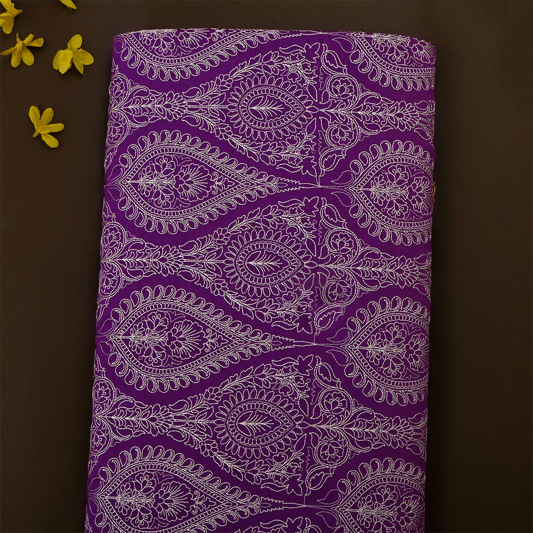 Deep Violet Moonga Tussar Embroidered Fabric