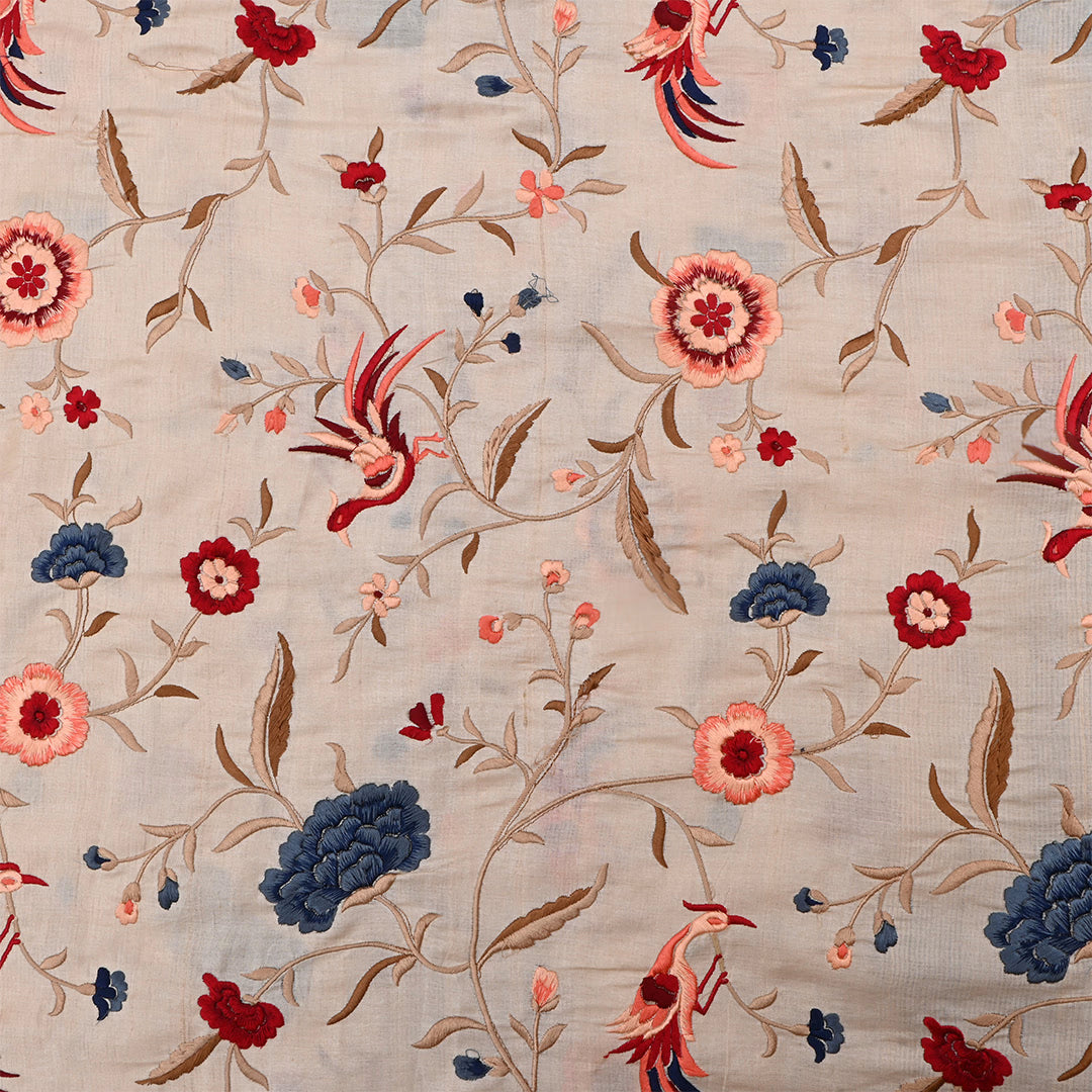 Vanilla Cream Tussar Embroidered Wine Fabric