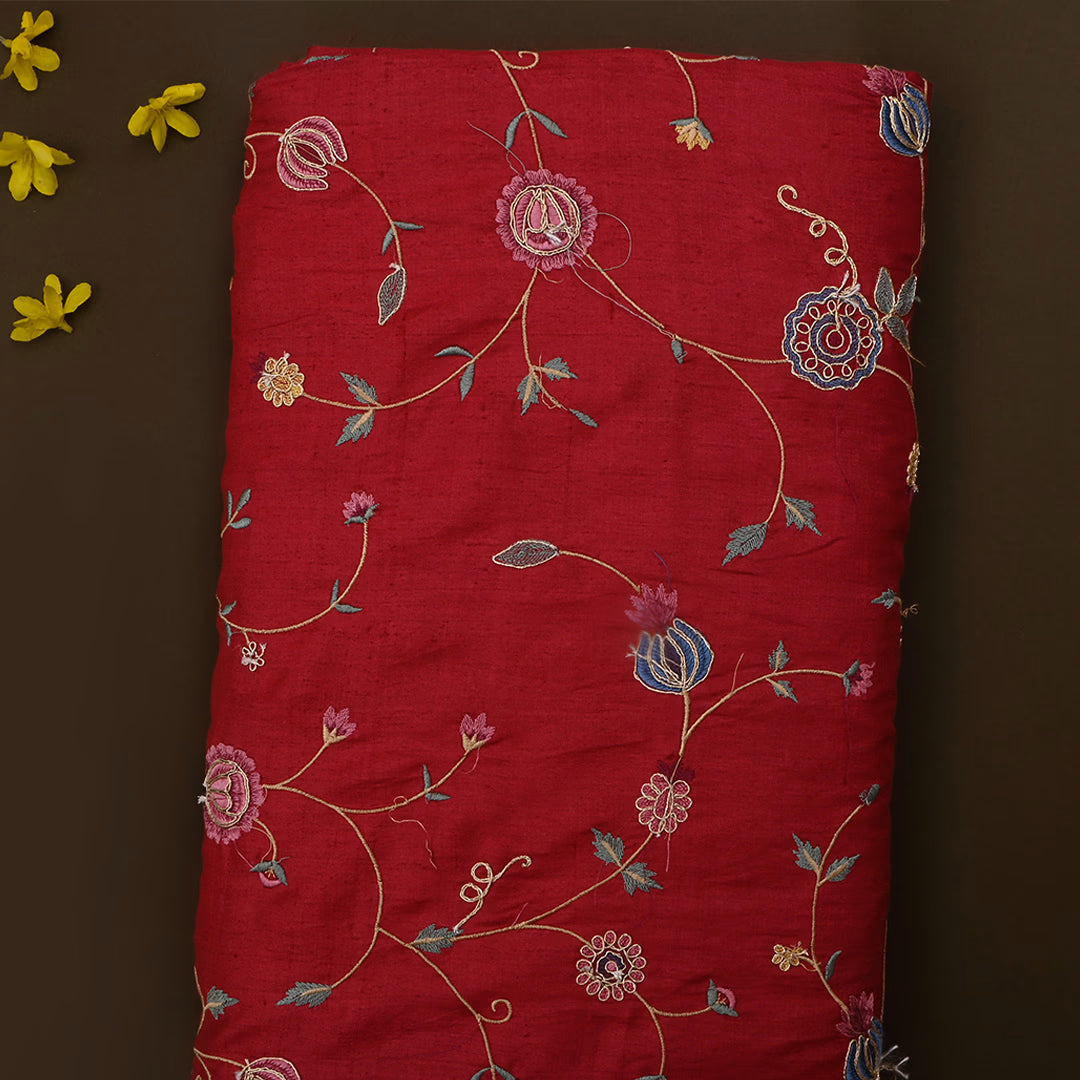 Falu Red Tussar Floral Embroidered Fabric