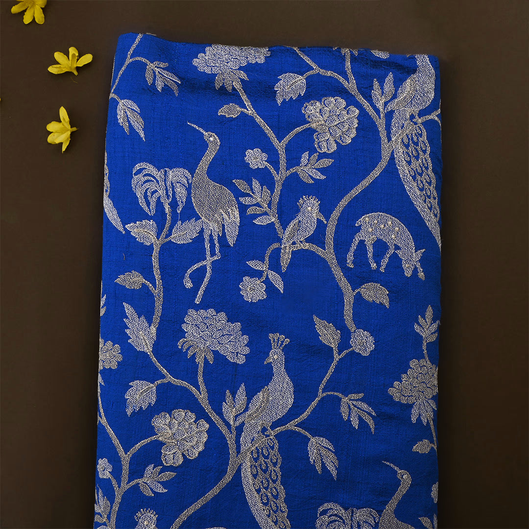 Lapis Blue Dupion Raw Silk Embroidered Fabric
