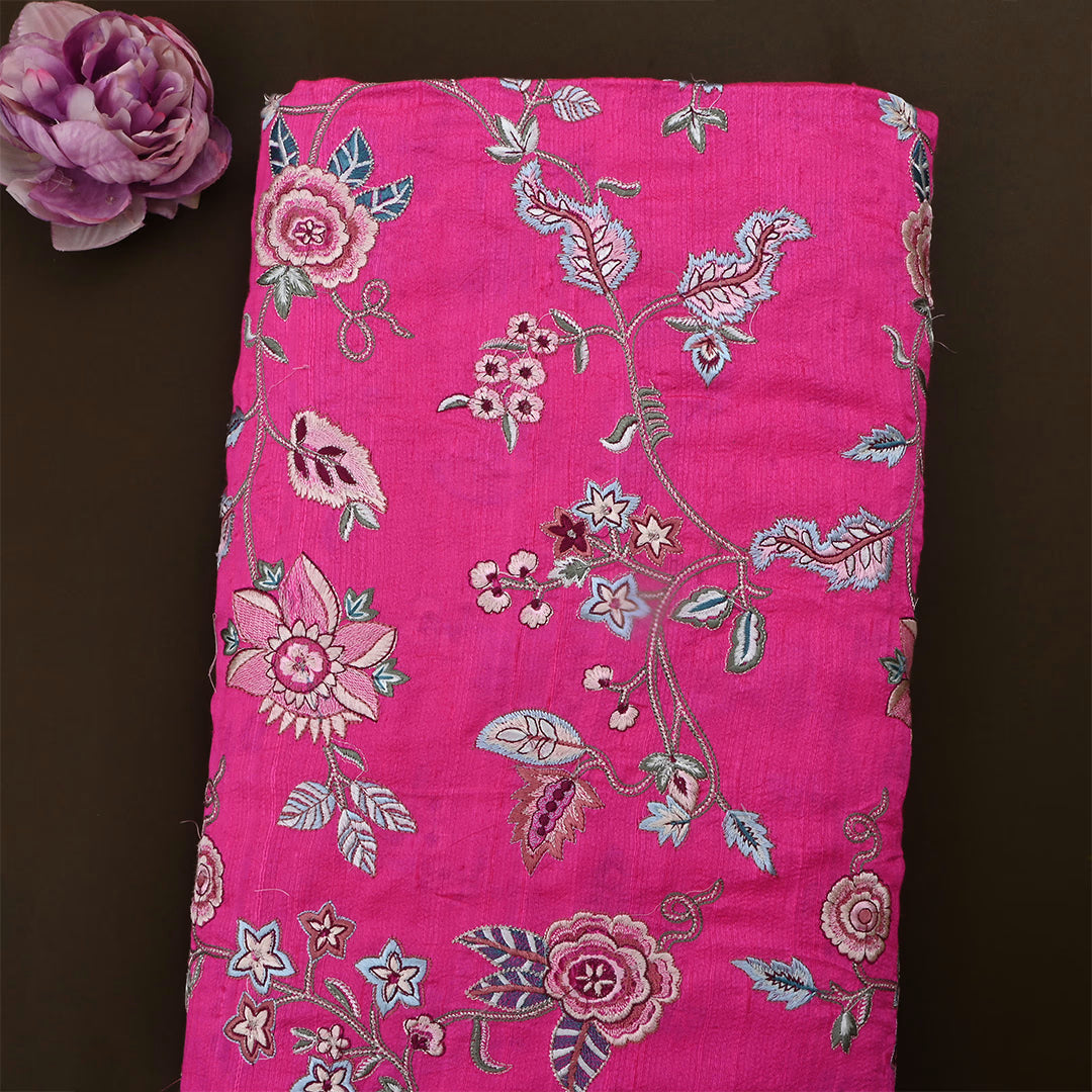 Burnt Pink Dupion Raw Silk Embroidered Fabric