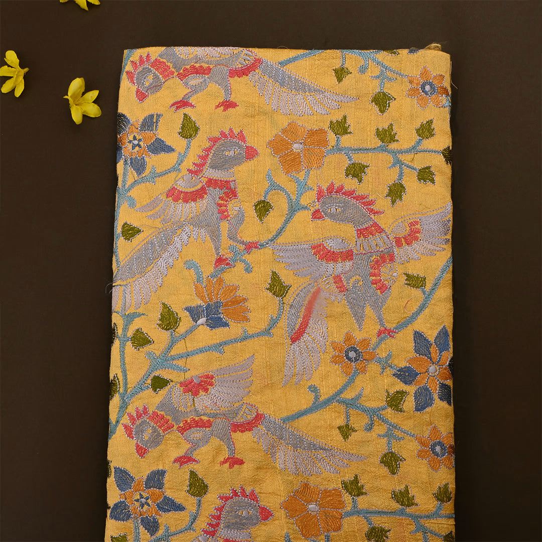 Yellow Dupion Raw Silk Embroidered Fabric