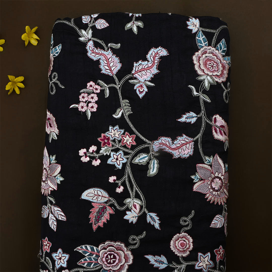 Jute Black Dupion Raw Silk Embroidered Fabric