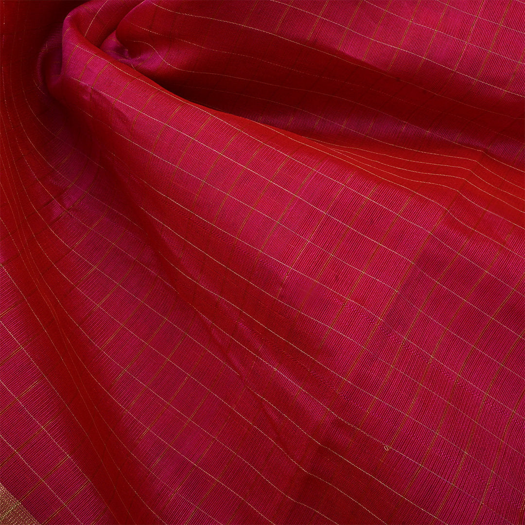 Shiraz Pinkish Red Jamawar Silk Fabric With Checks Pattern