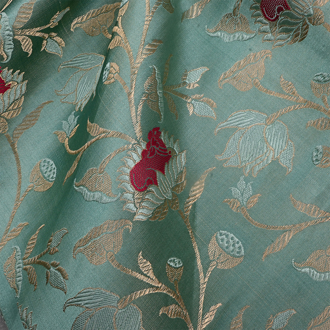 Greyish Teal Jamawar Satin Fabric With Floral Design