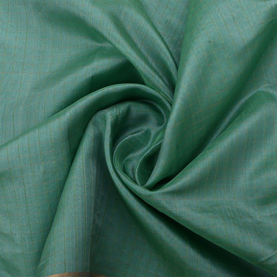 Dusty Teal Jamawar Silk Fabric With Checks Pattern