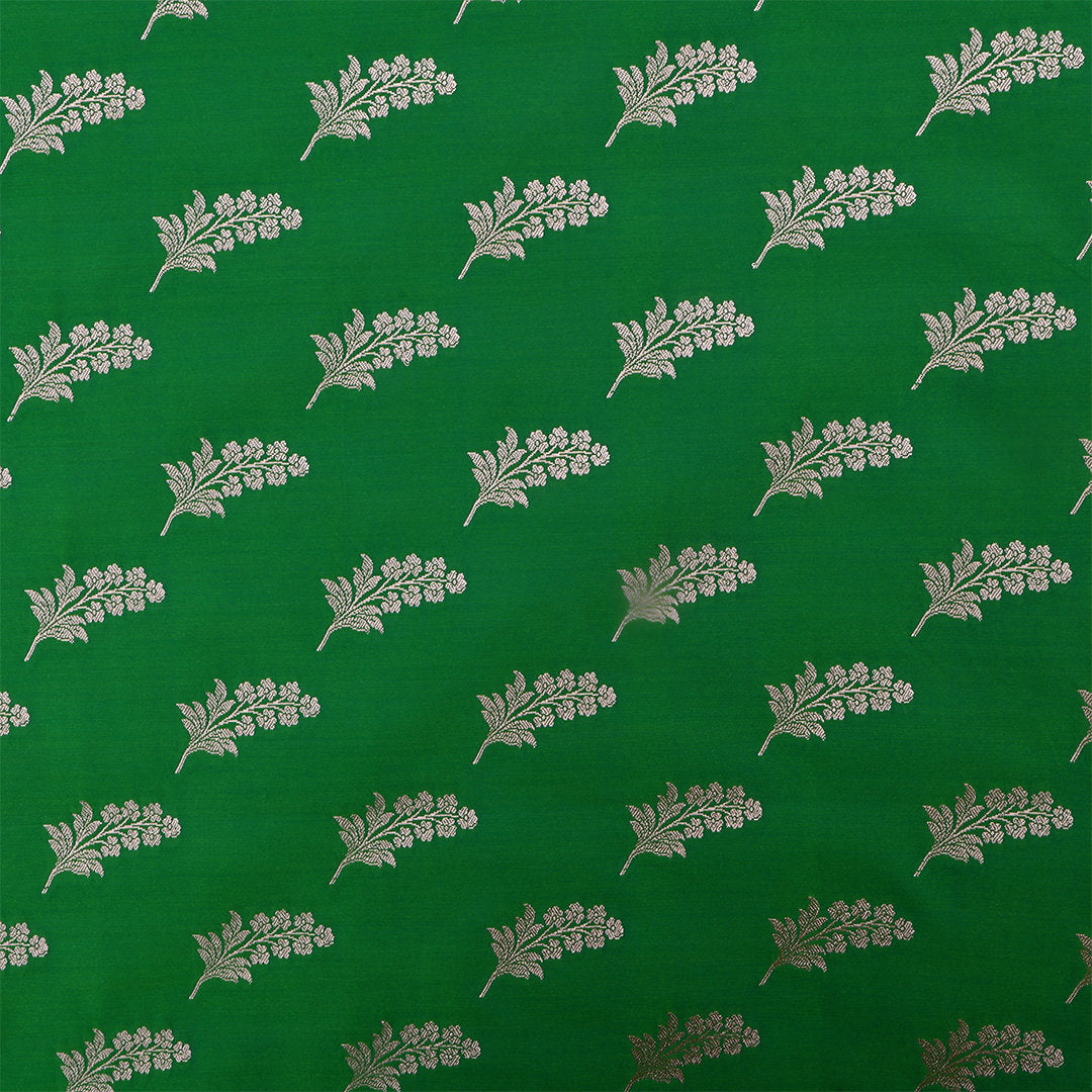 Spruce Green Jamawar Satin Fabric With Floral Butti'S