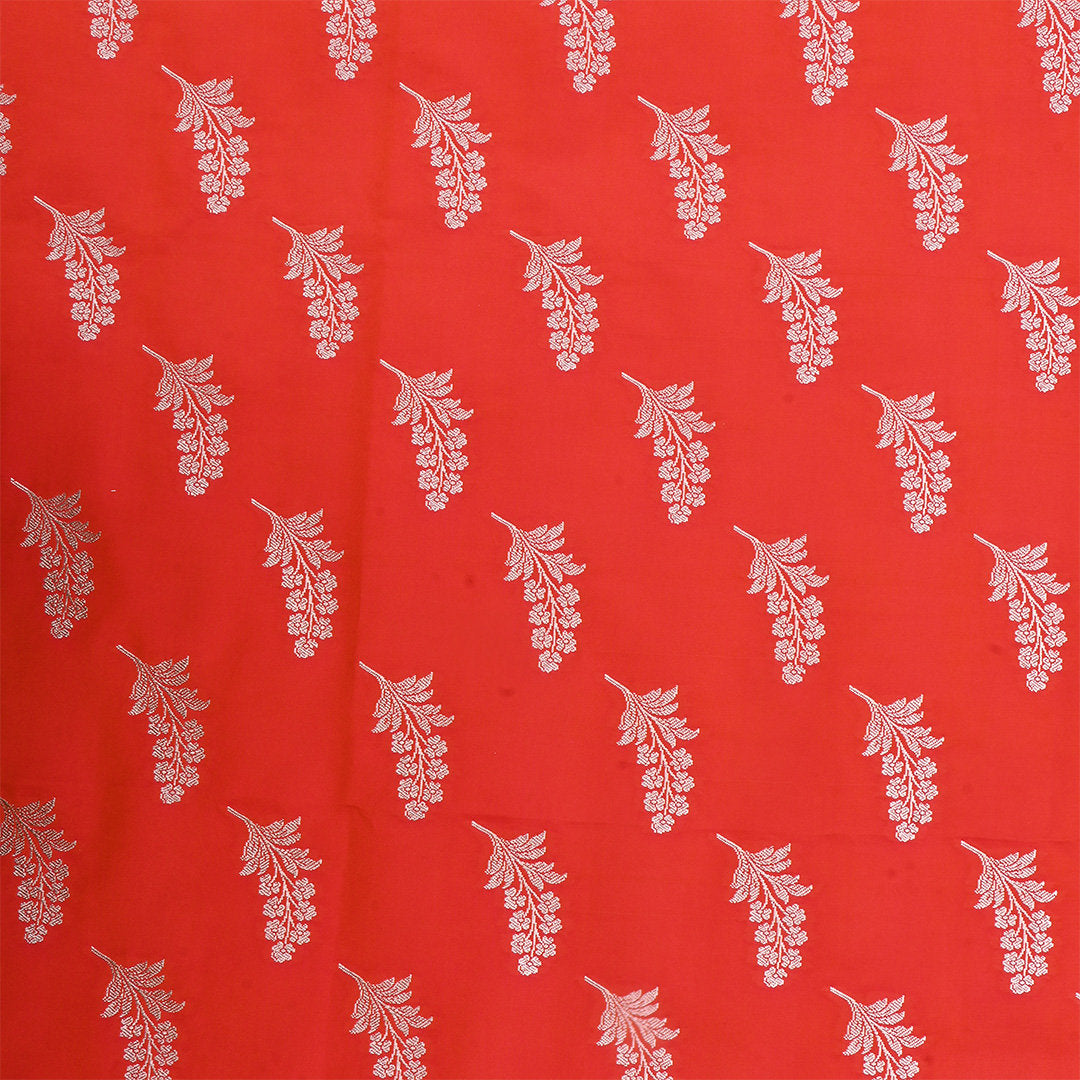 Deep Orange Jamawar Satin Fabric With Floral Butti'S