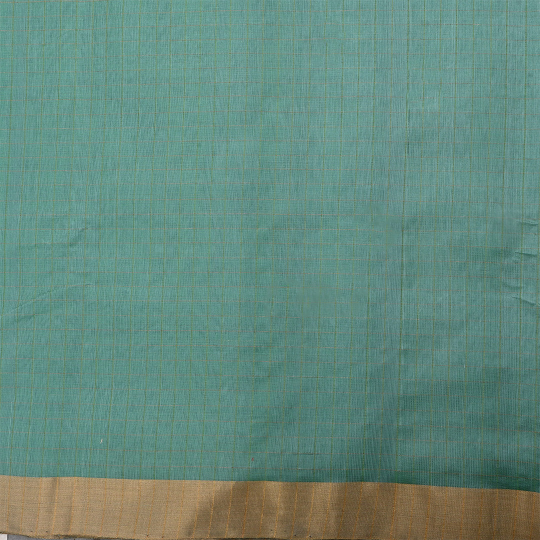 Dusty Teal Jamawar Silk Fabric With Checks Pattern