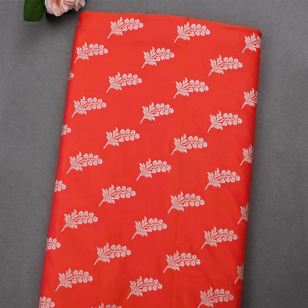 Deep Orange Jamawar Satin Fabric With Floral Butti'S