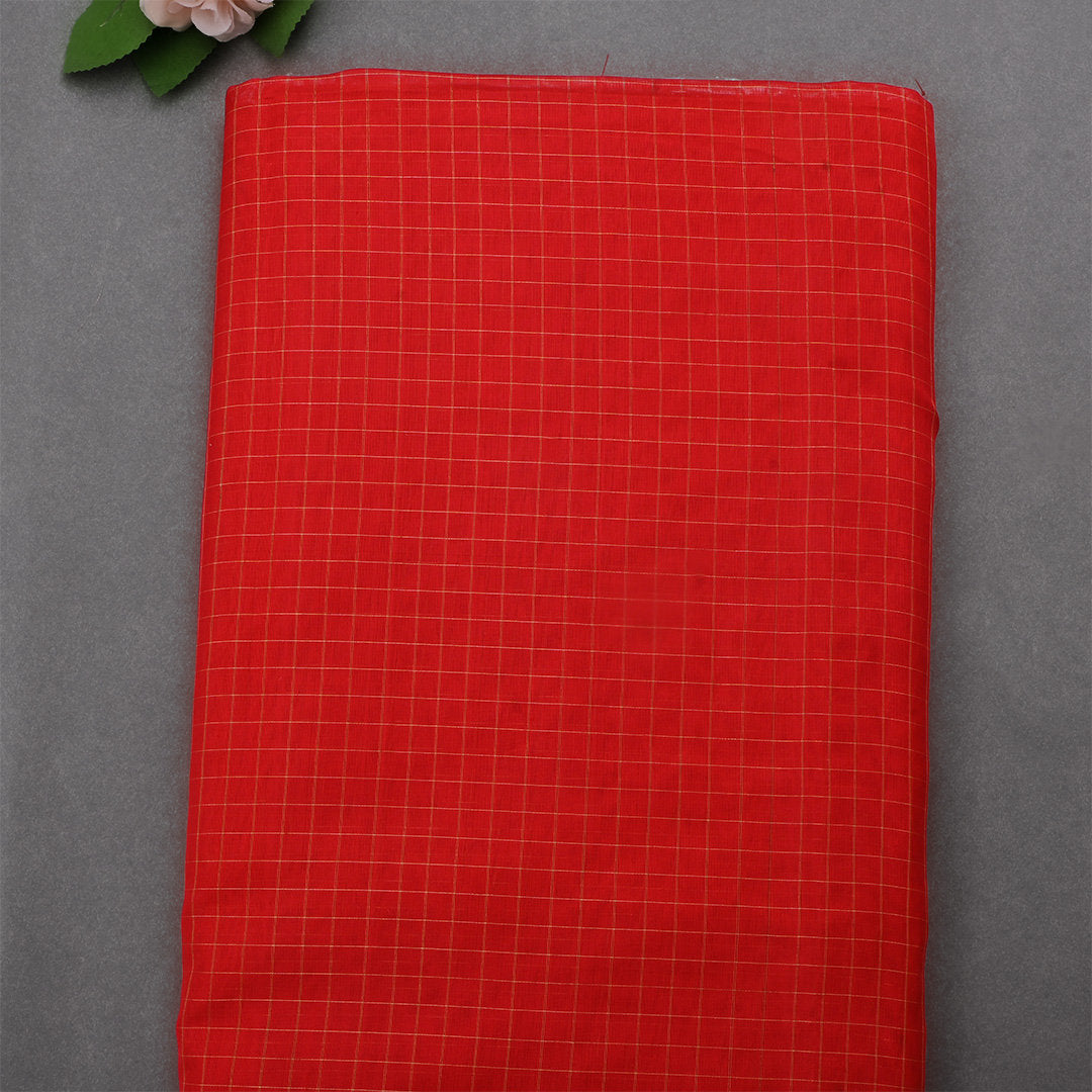 Chili Pepper Red Jamawar Silk Fabric With Checks Pattern