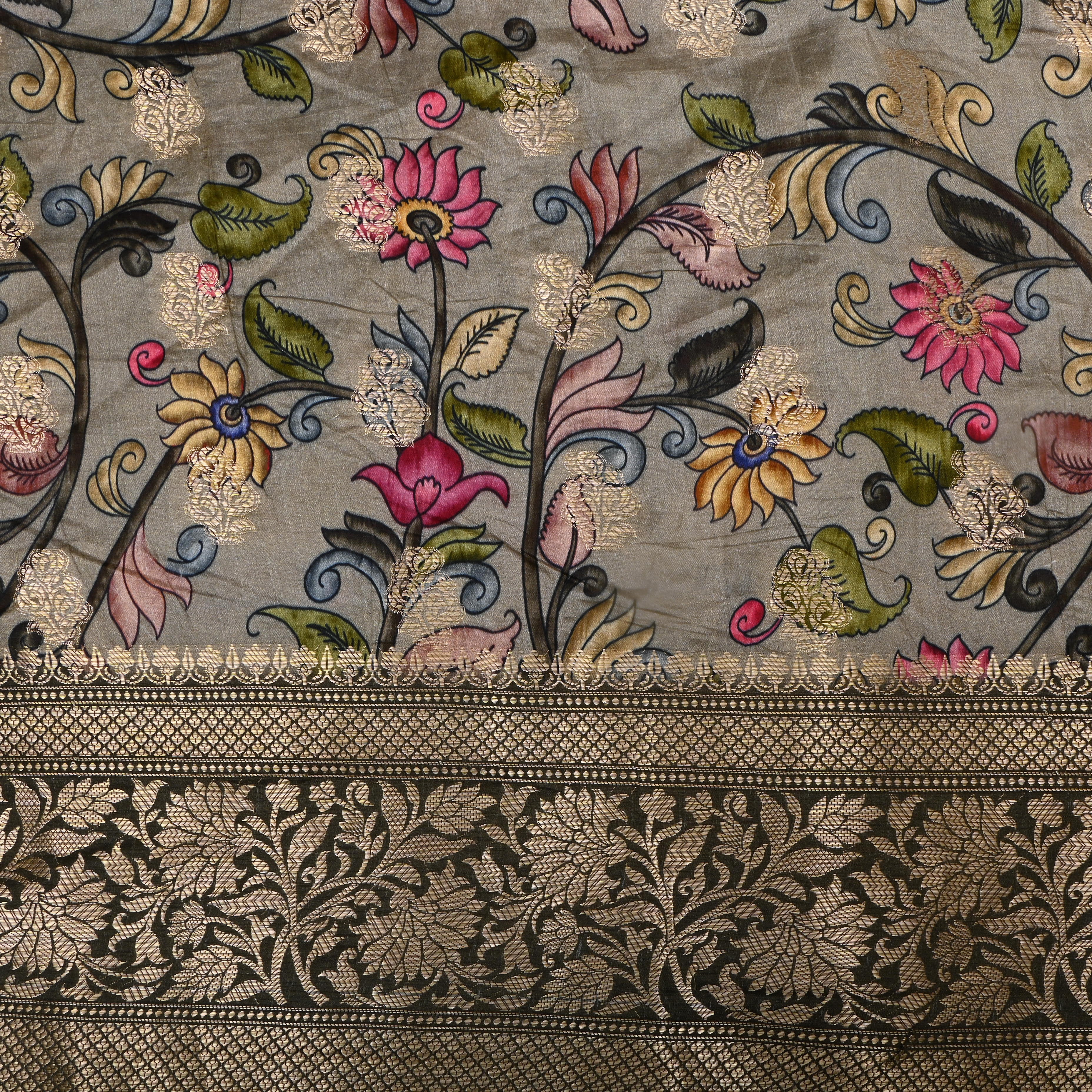 Light Chocolate Floral Printed Silk Fabric