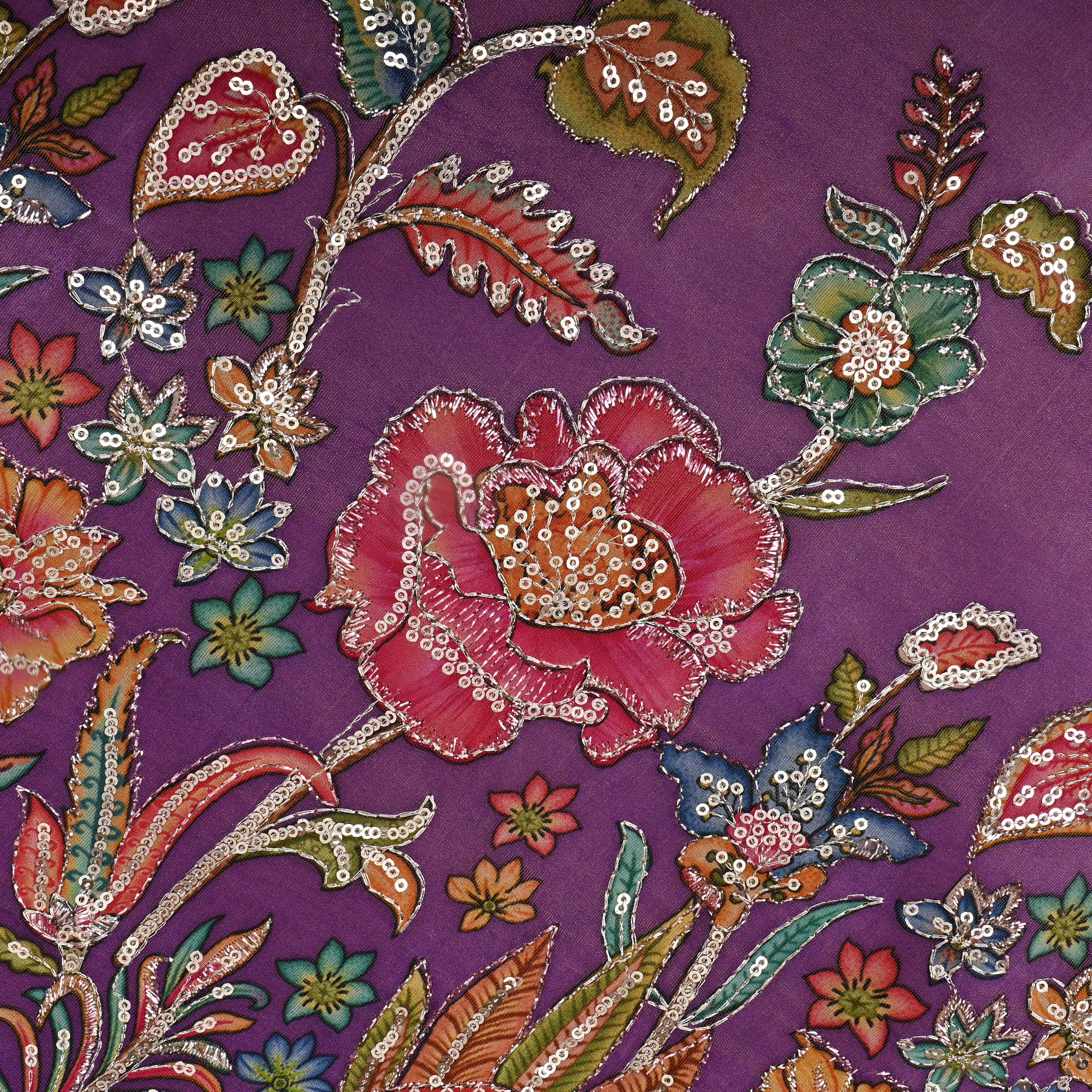 Mauve Purple Floral Printed Sequin Work Tissue Fabric