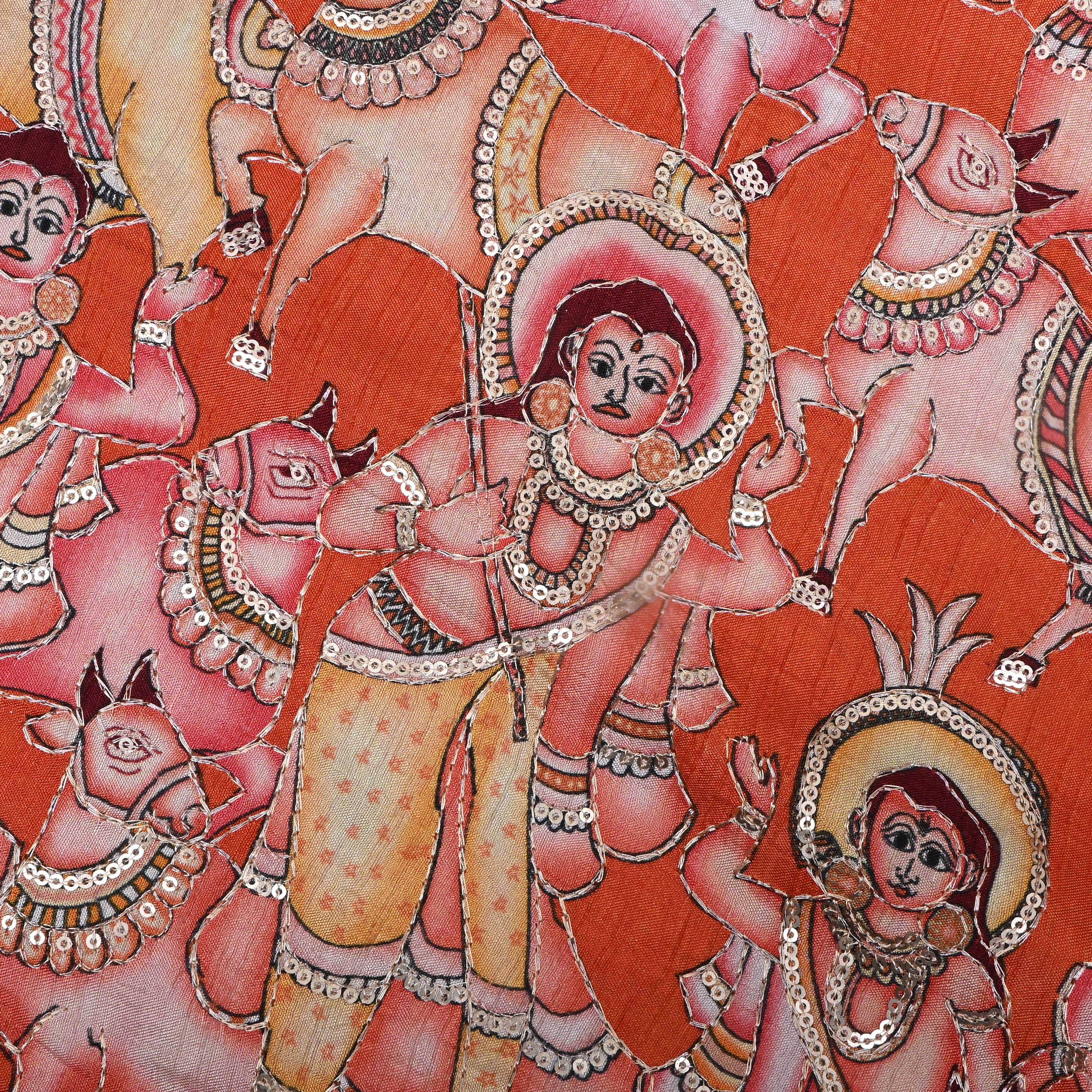 Reddish Orange Pichwai Printed Tissue Fabric