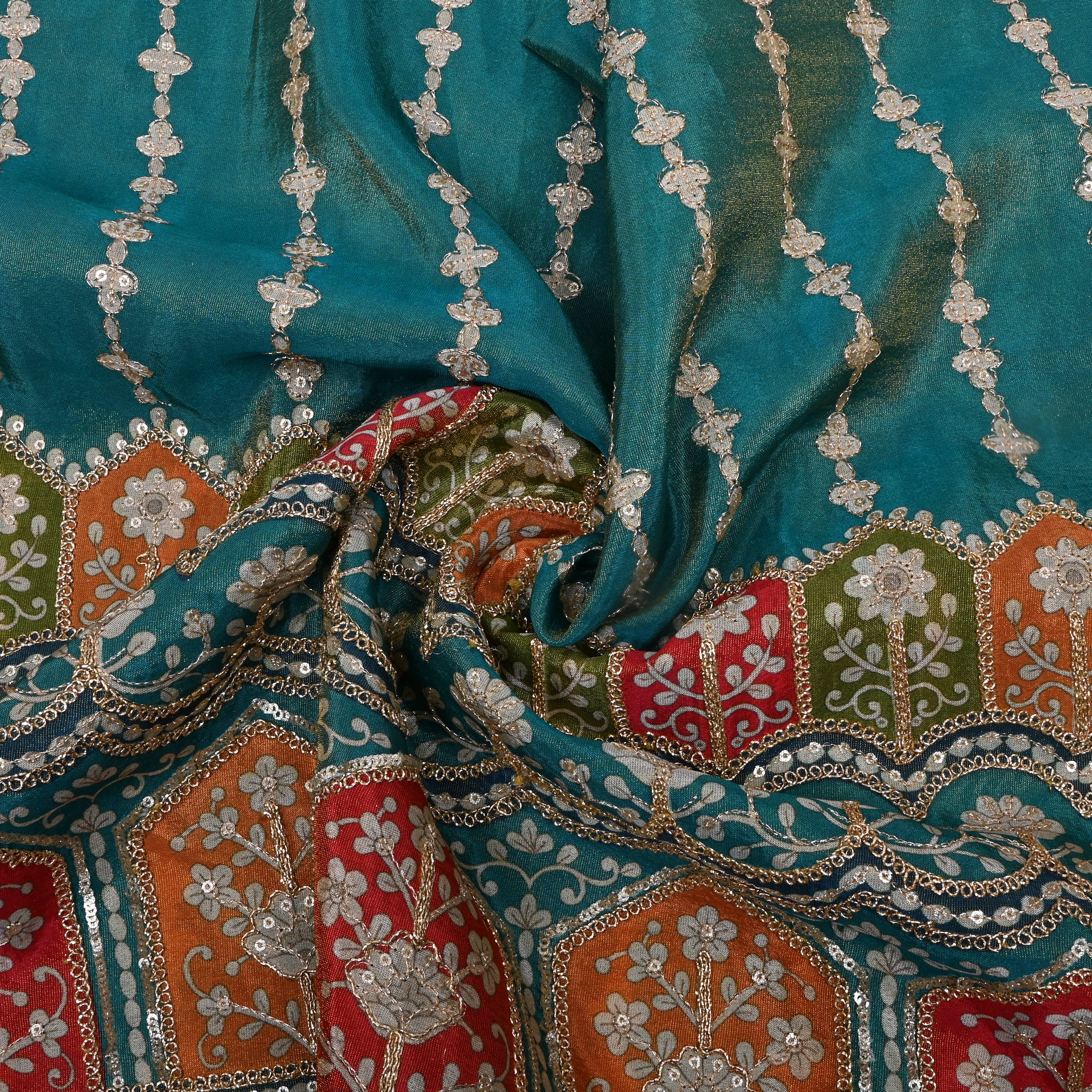 Teal Blue Floral Printed And Embroidered Tissue Fabric