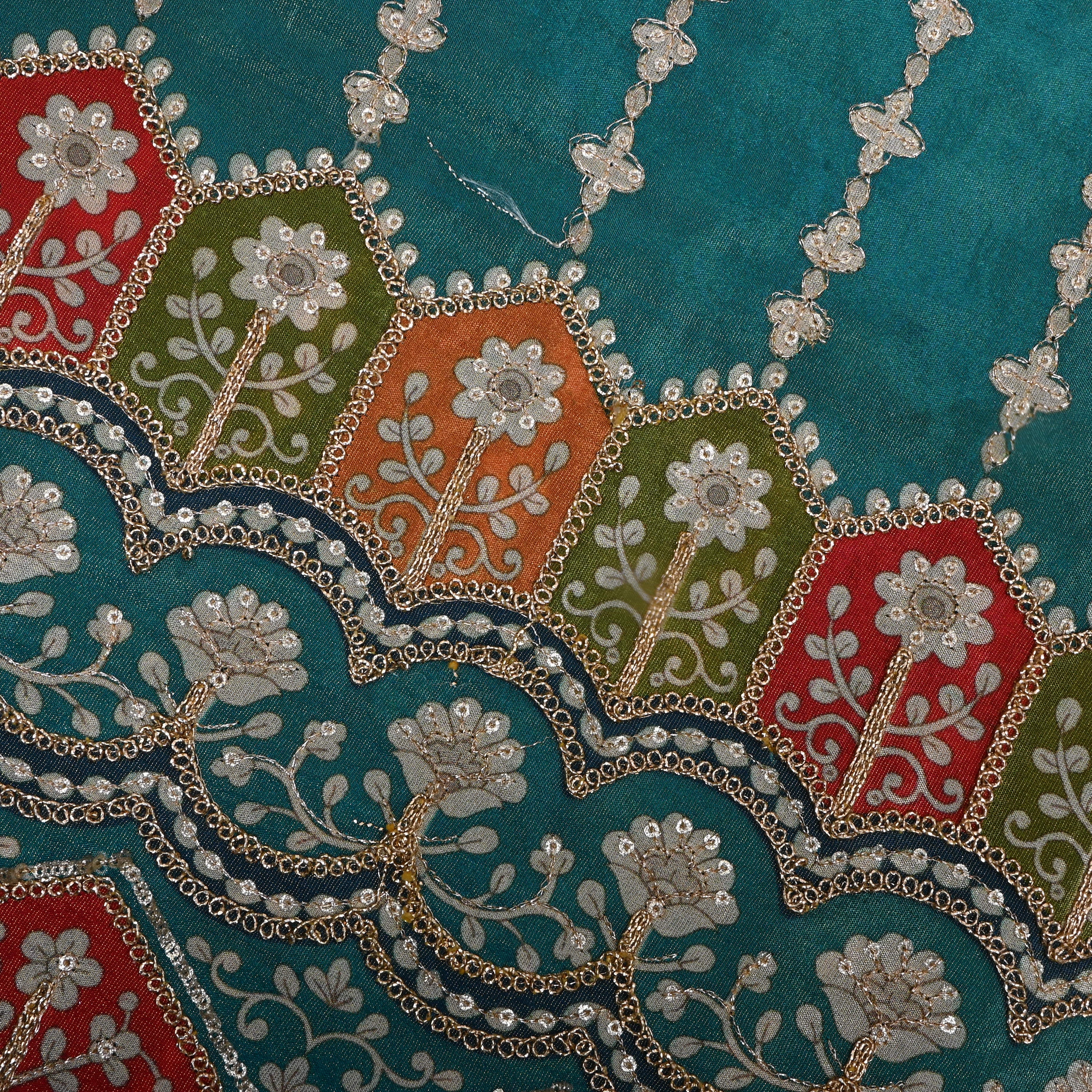 Teal Blue Floral Printed And Embroidered Tissue Fabric