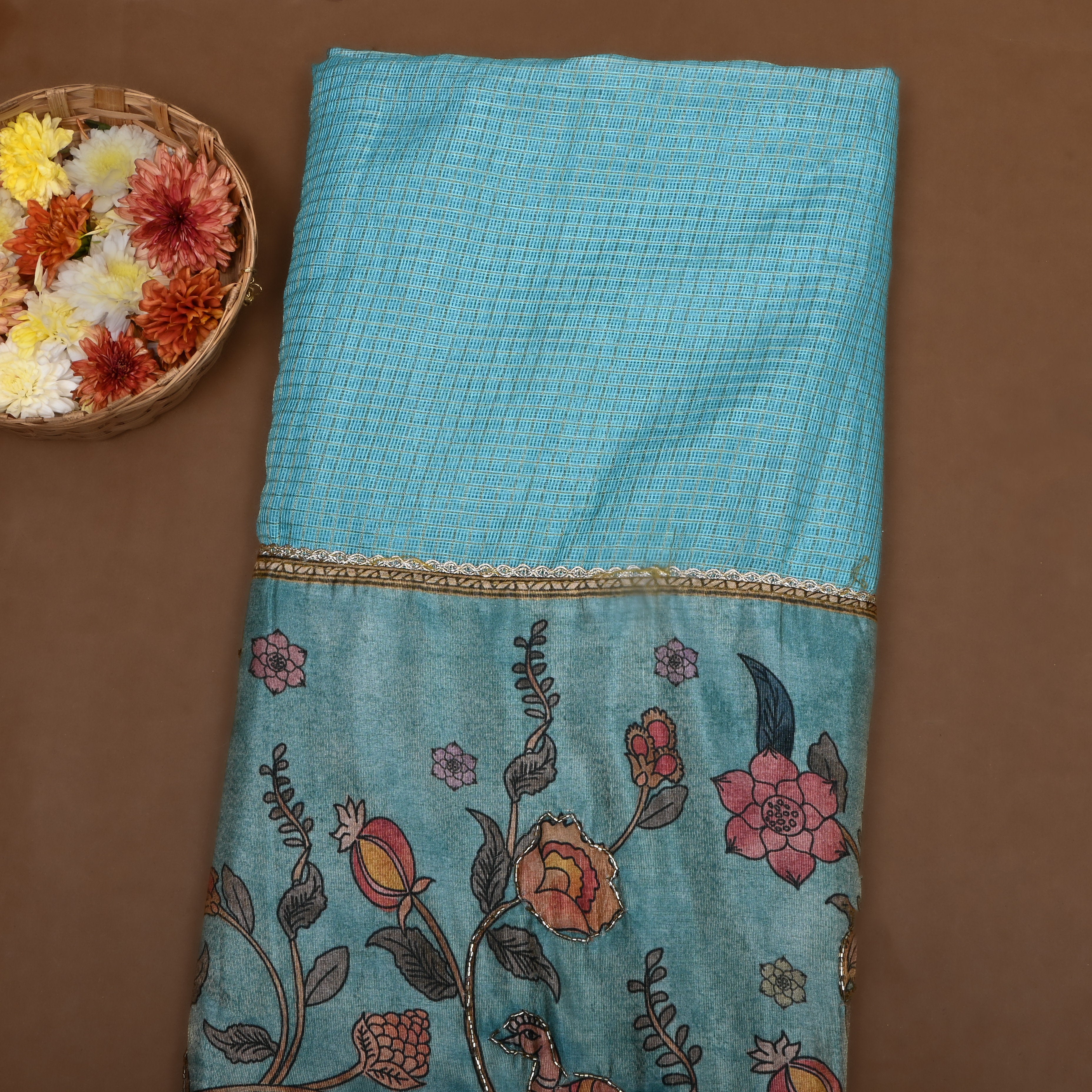 Turquoise Floral Printed Kota Fabric