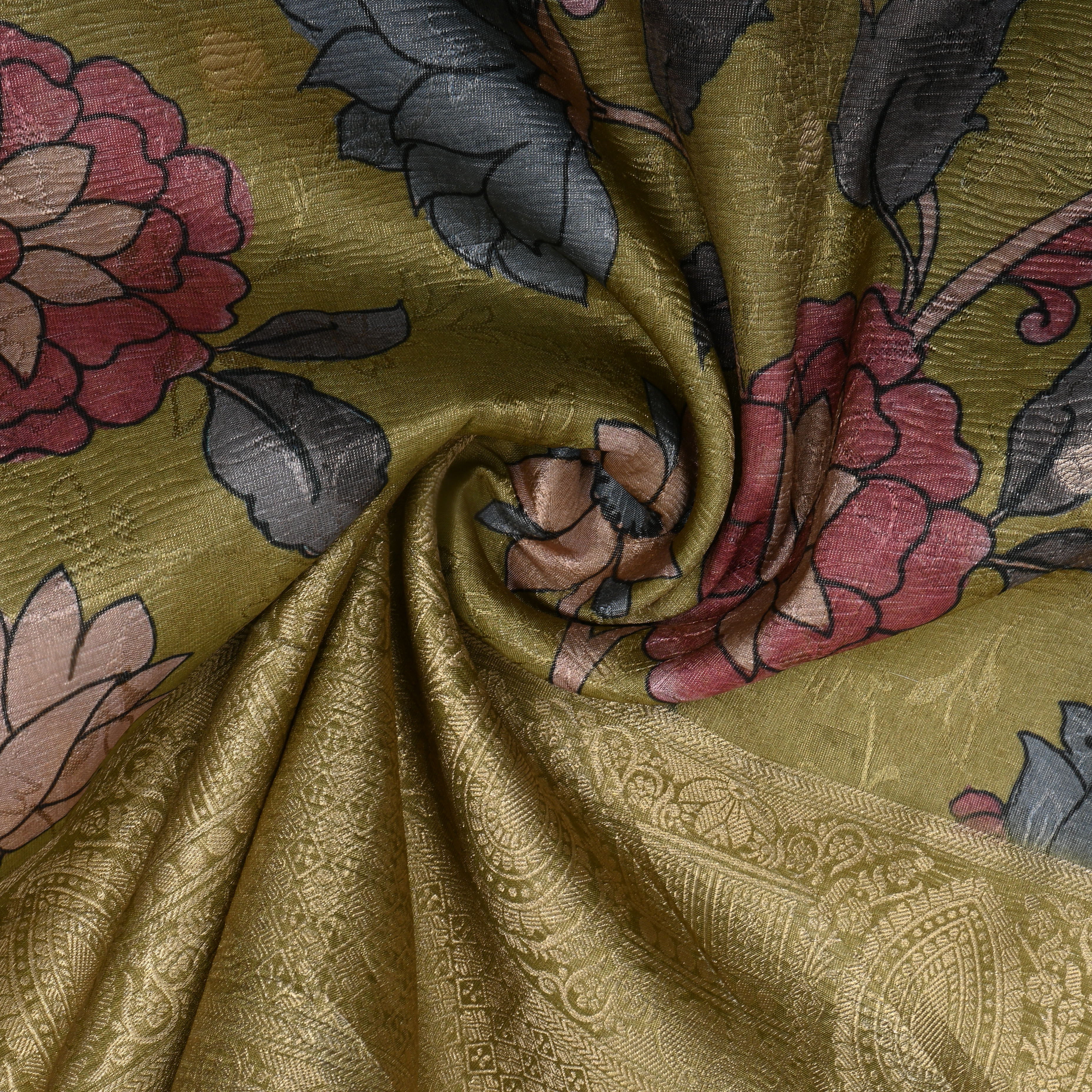 Dusty Green Floral Printed Tissue Fabric