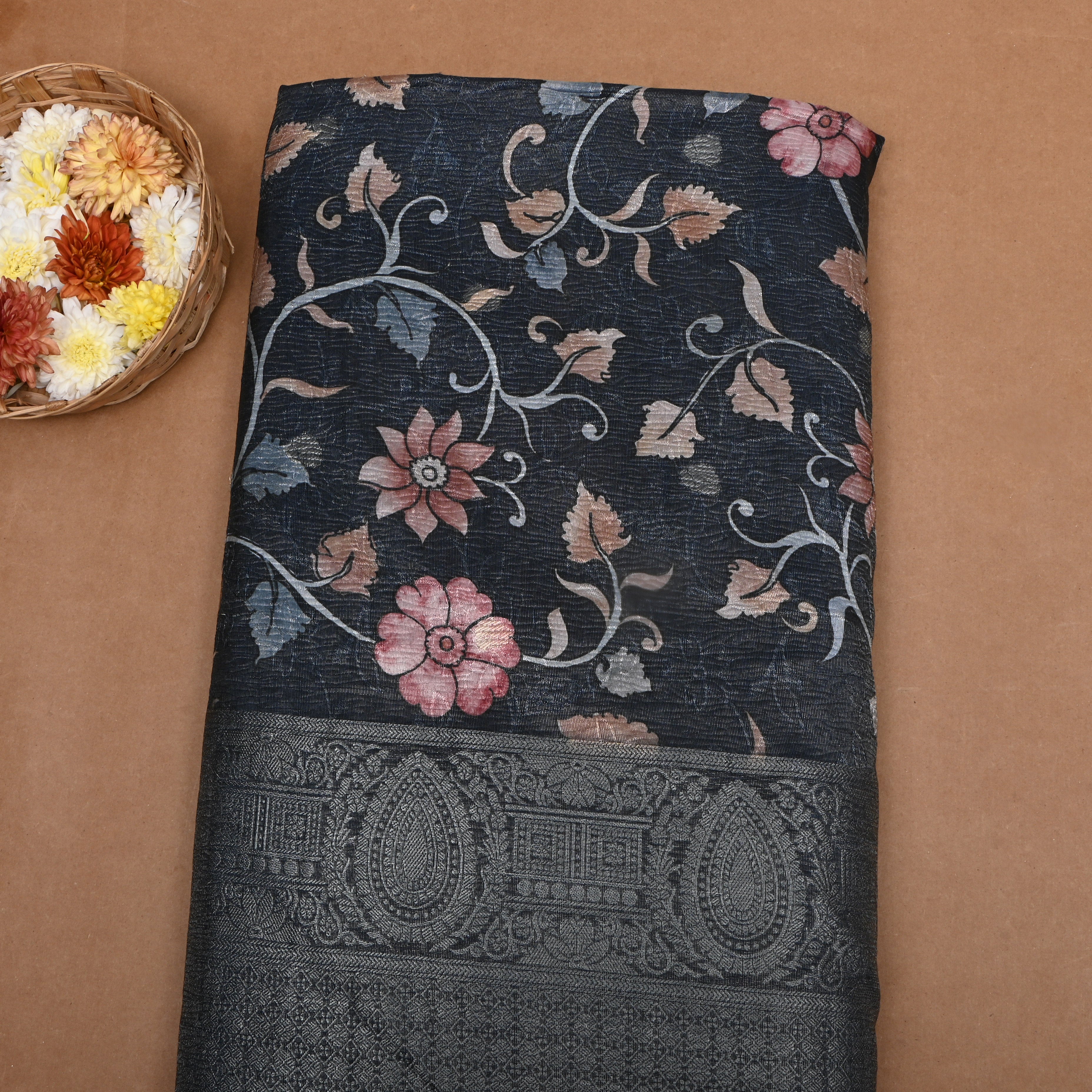 Japanese Indigo Floral Printed Tissue Fabric