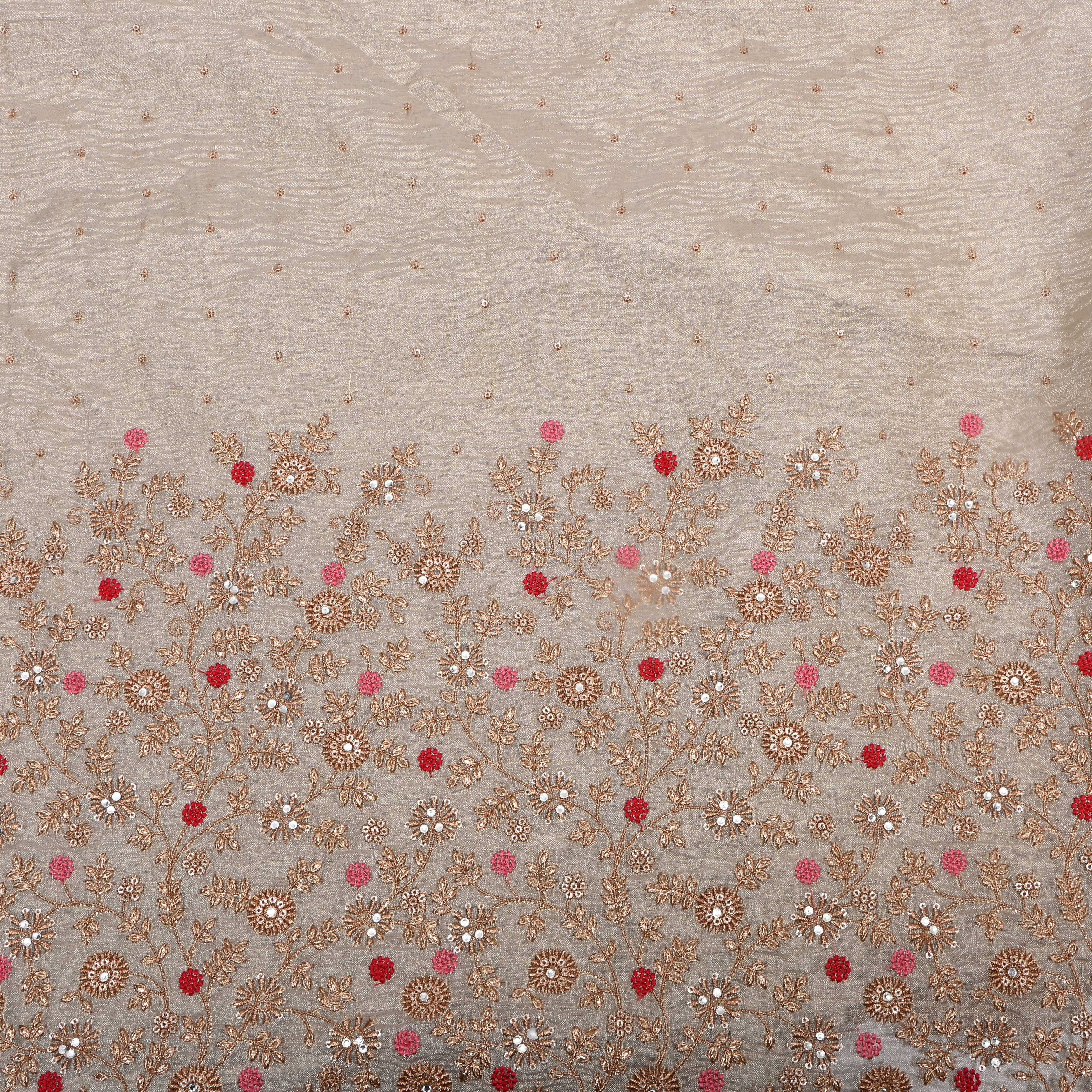 Golden Floral Zari Embroidered Tissue Fabric