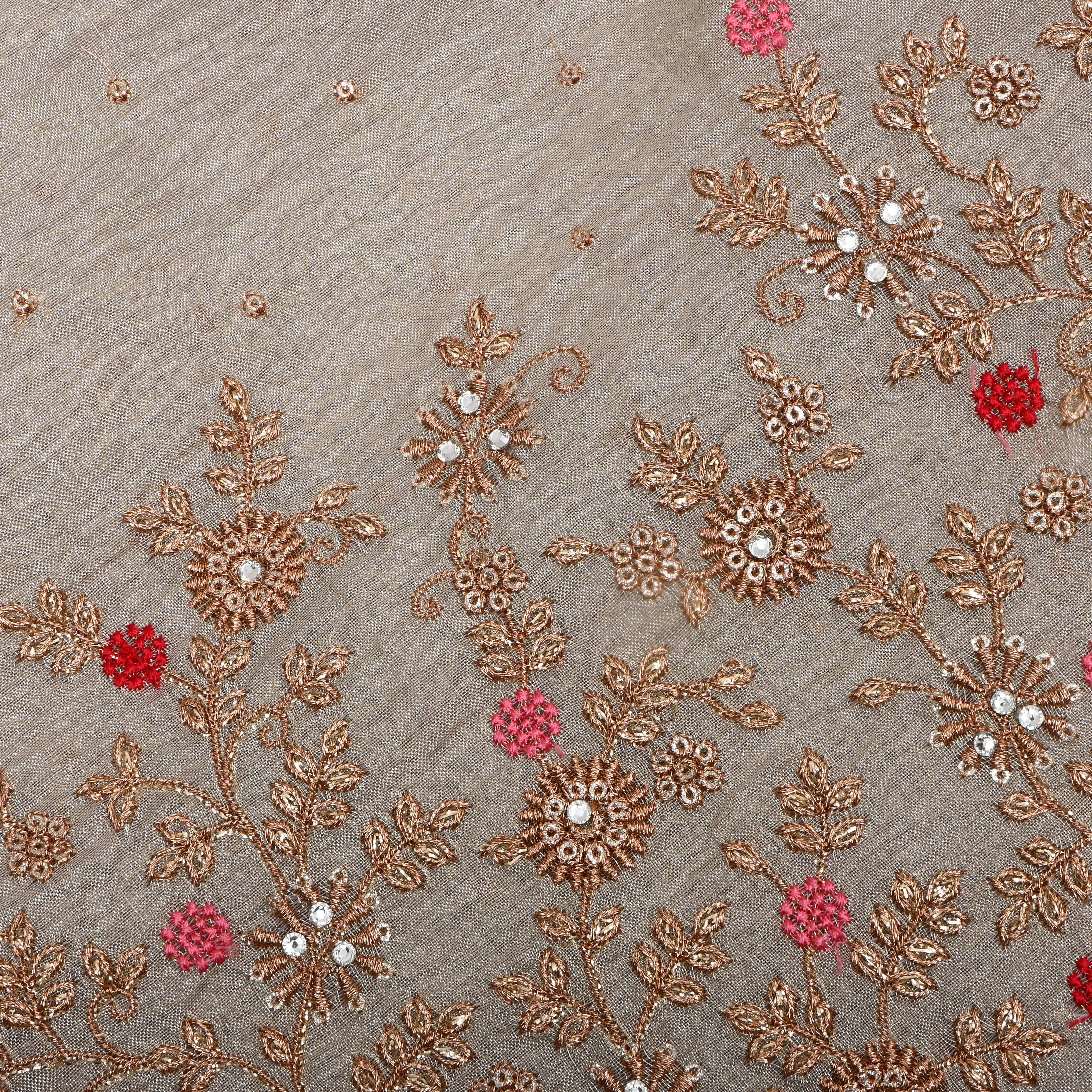 Golden Floral Zari Embroidered Tissue Fabric