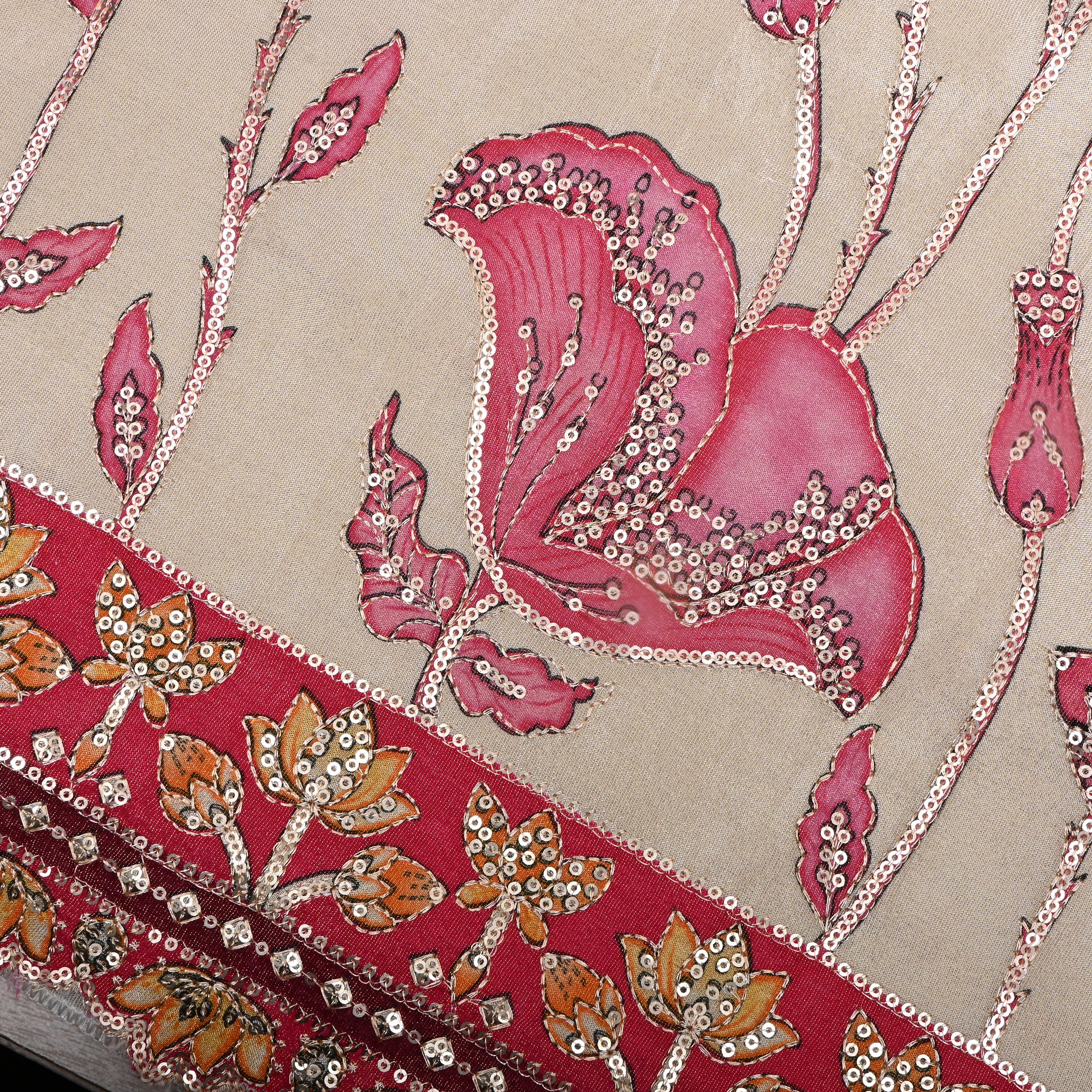 Beige Floral Printed Tissue Fabric