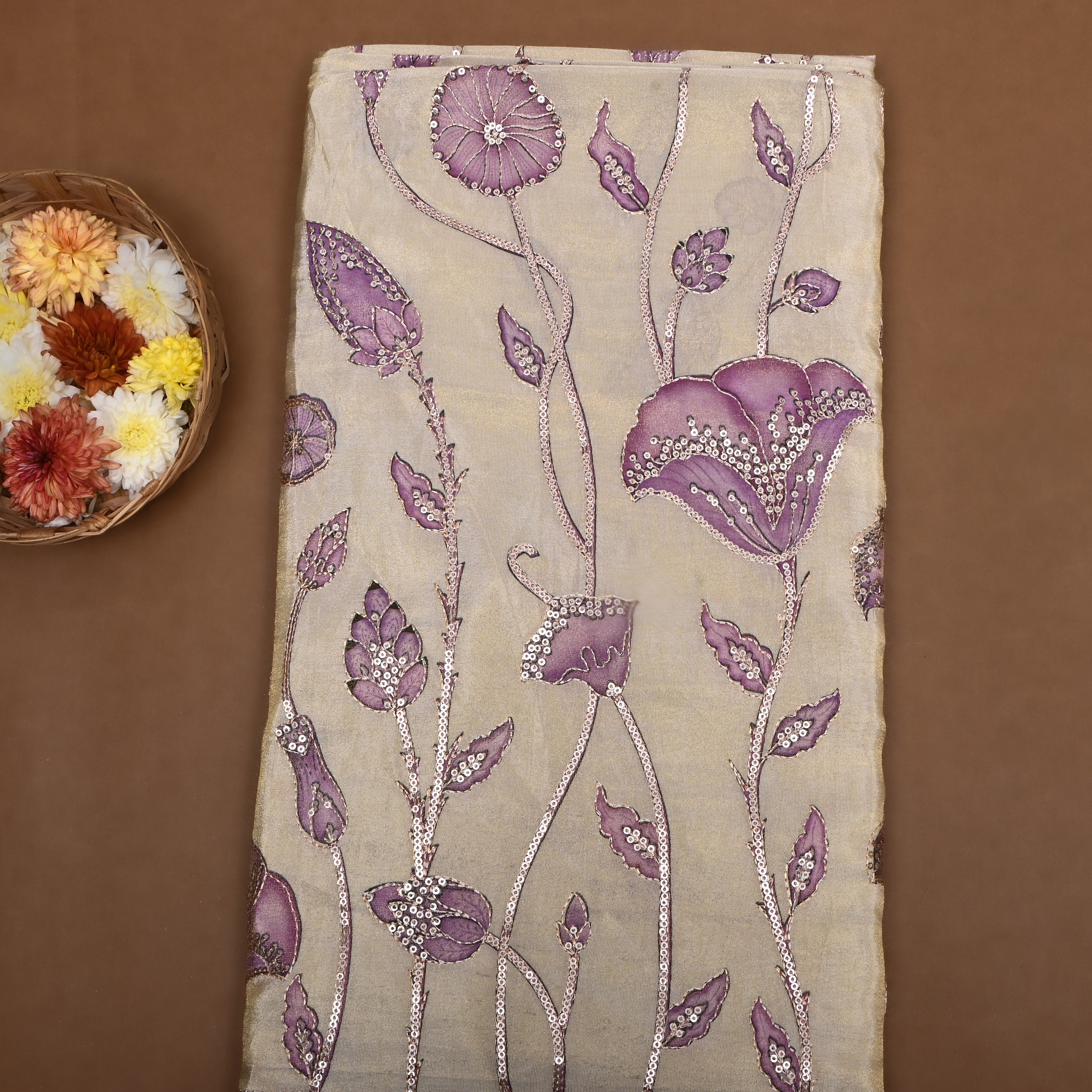 Khaki Beige Floral Printed Tissue Fabric